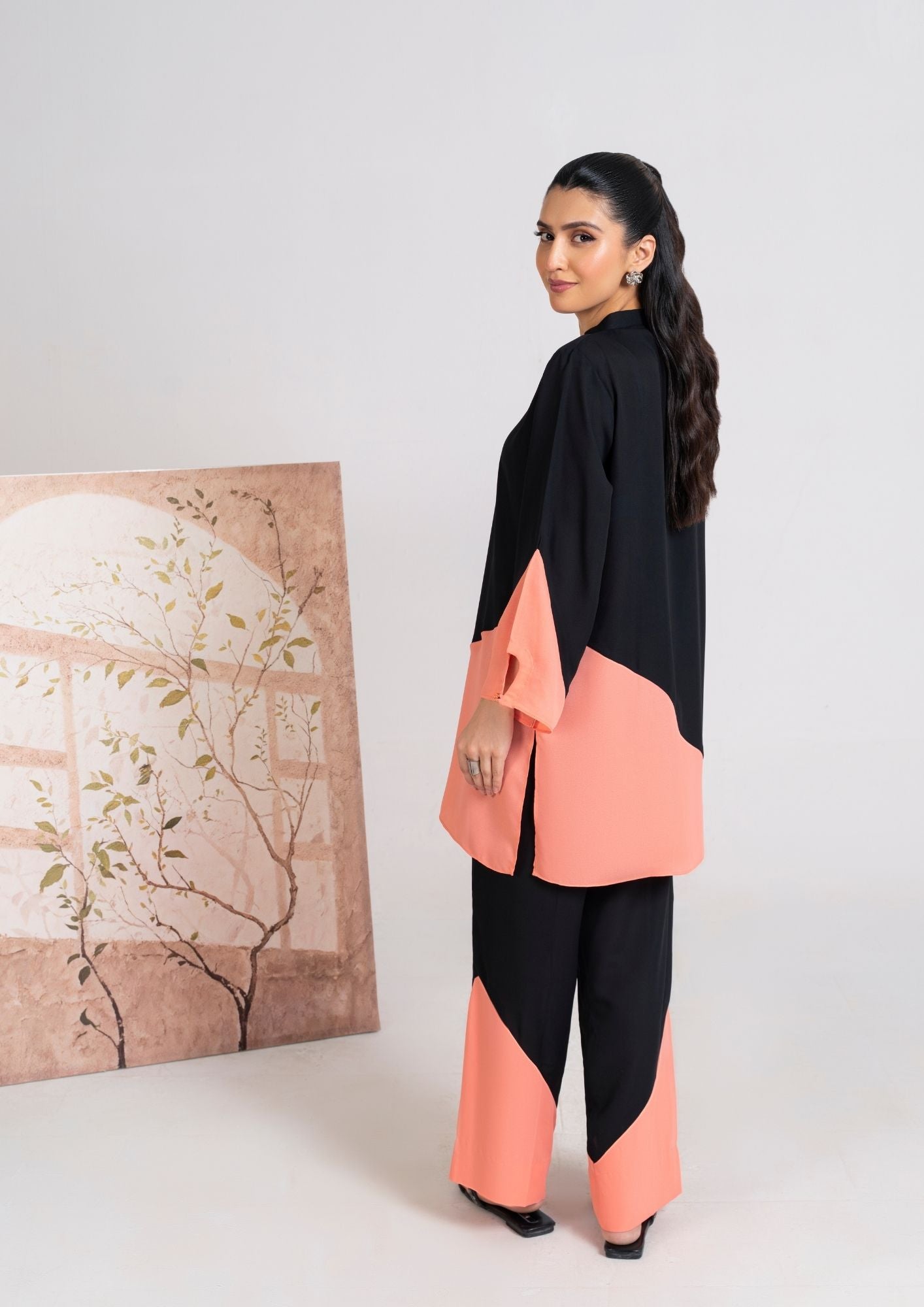 georgette Tunic in Black, peach orange