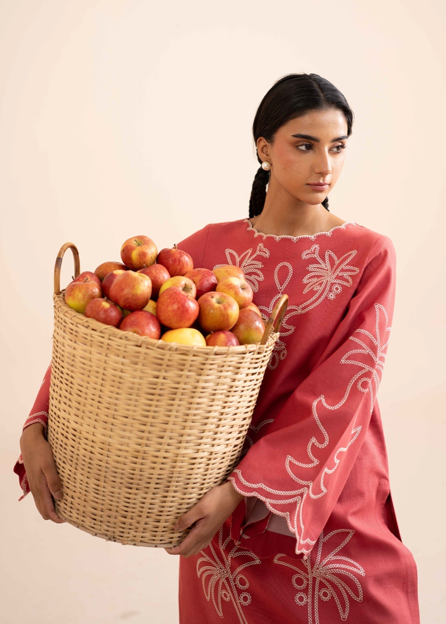 slub khaddar Kurta Set in Coral pink