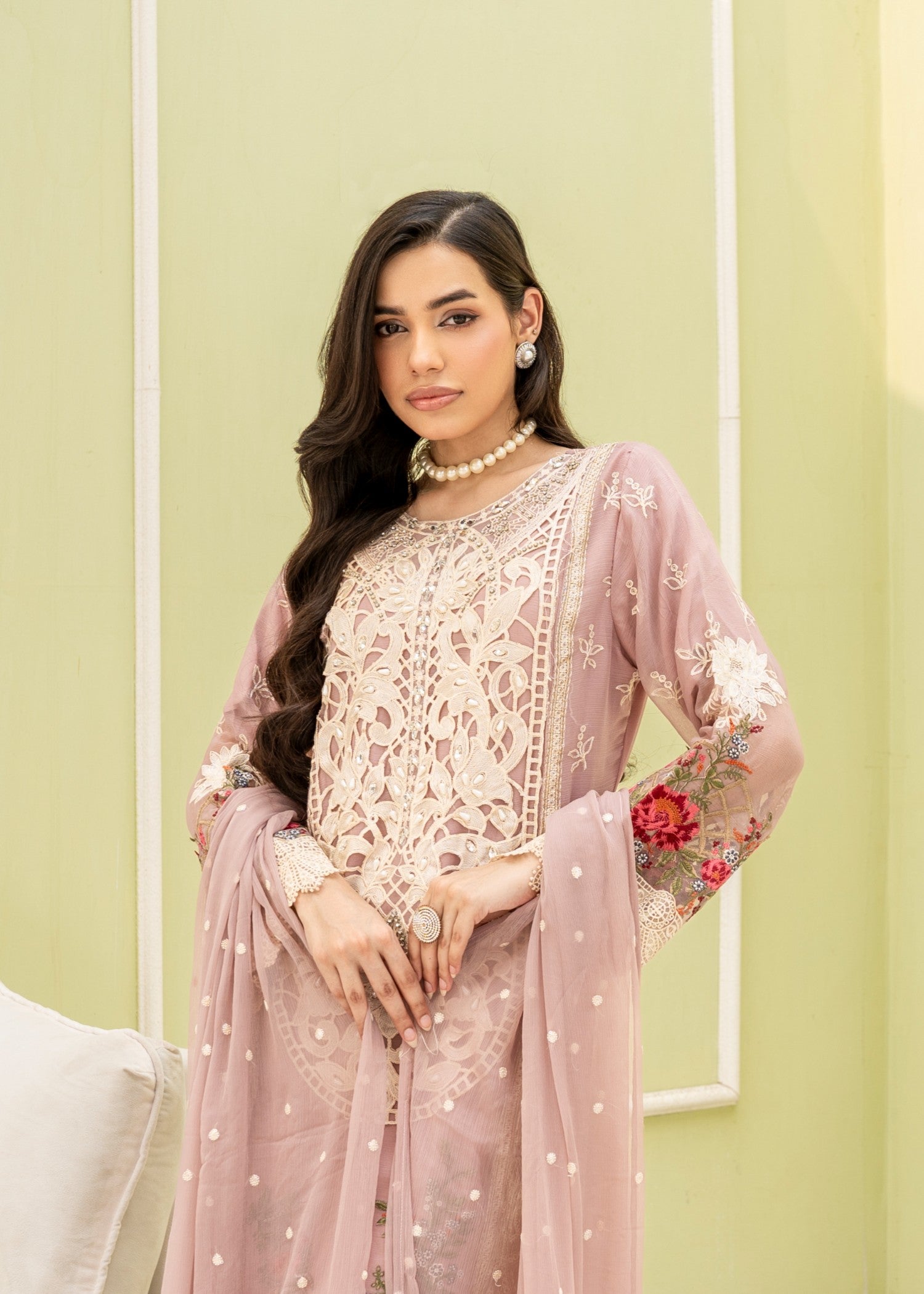 crinkle chiffon Kurta Set in Pink