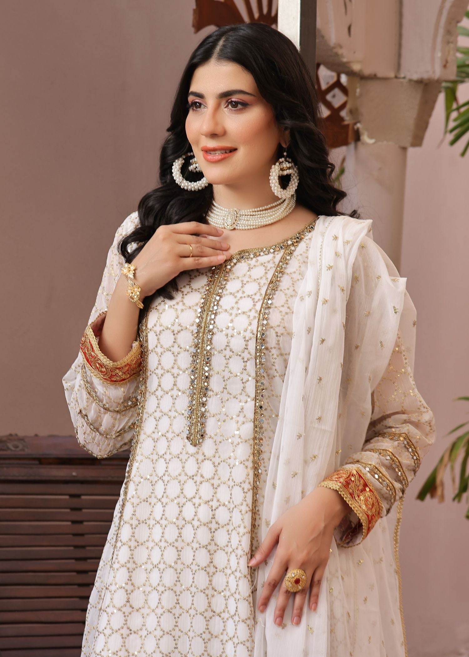 chiffon Anarkali in Pearl white