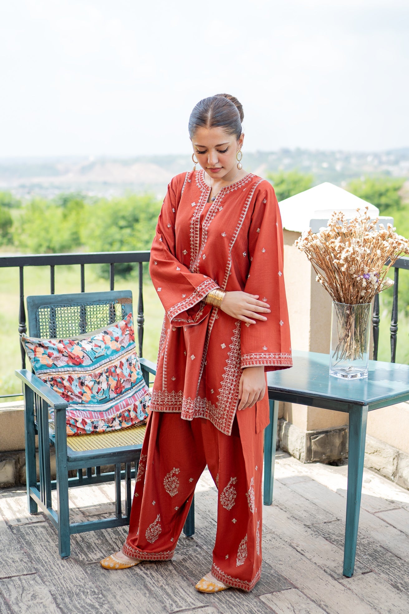 slub khaddar Kurta Set in Rust orange