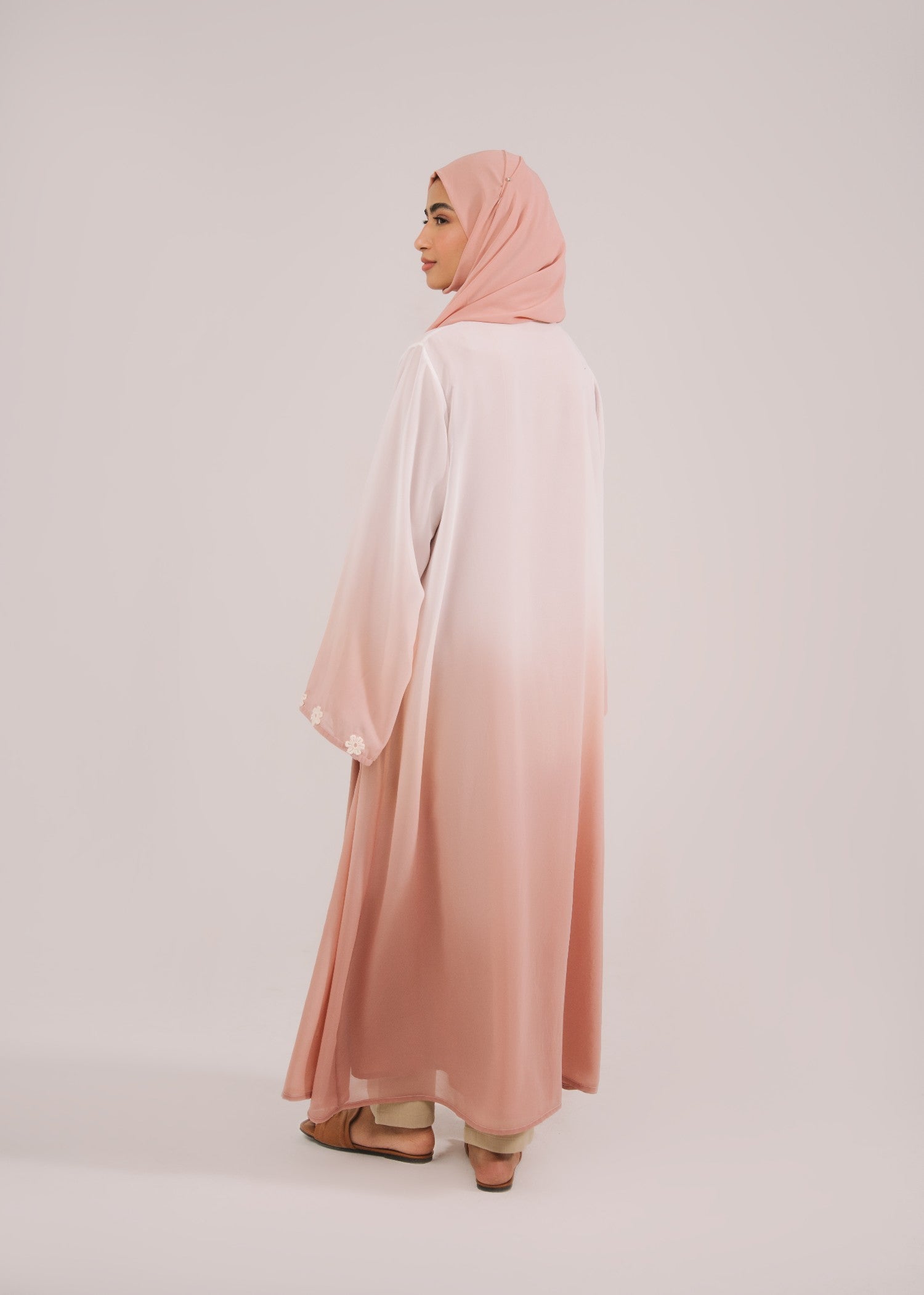 crepe Abaya in White, pink sherbert