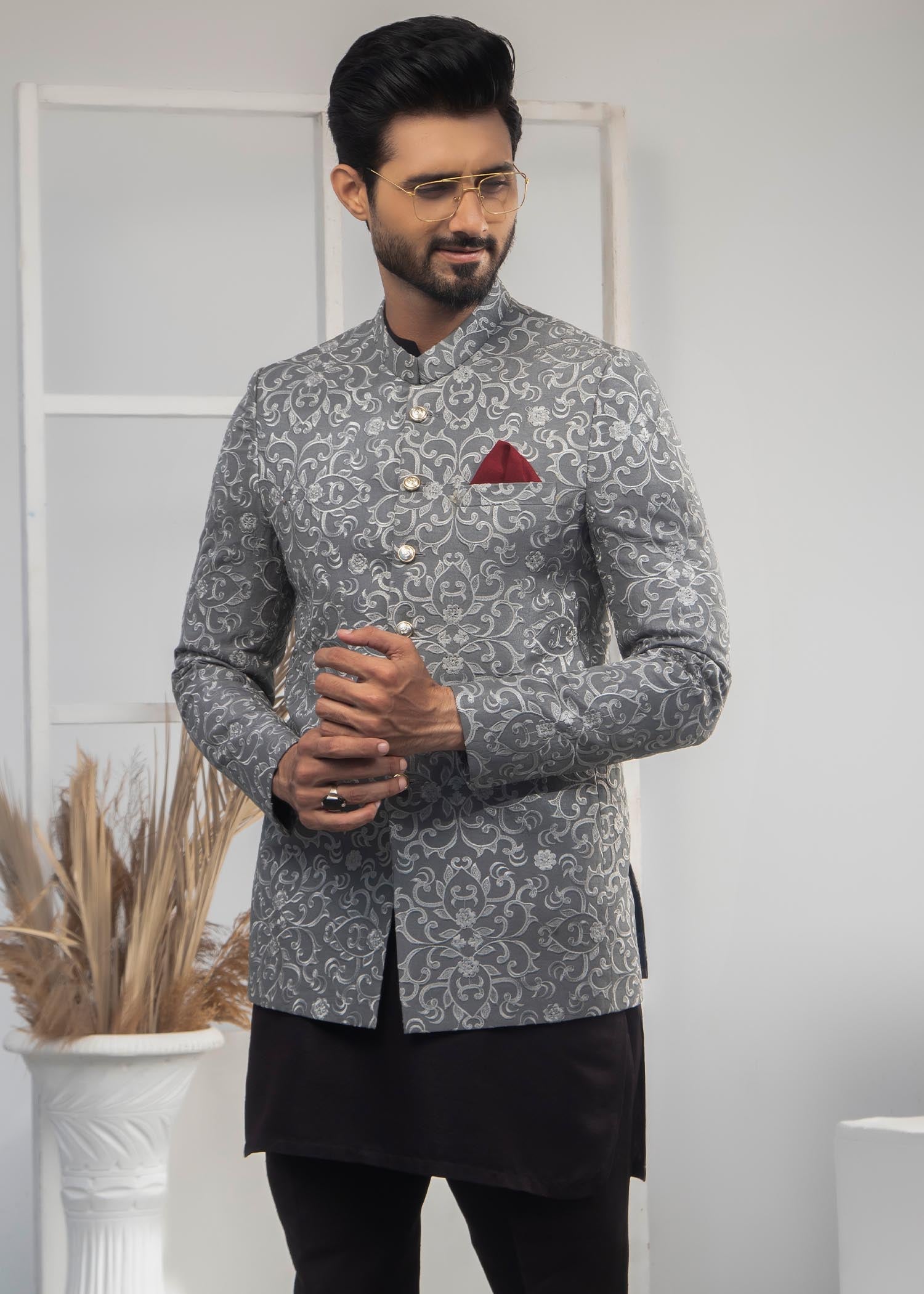 raw silk Prince Coat in Steal grey