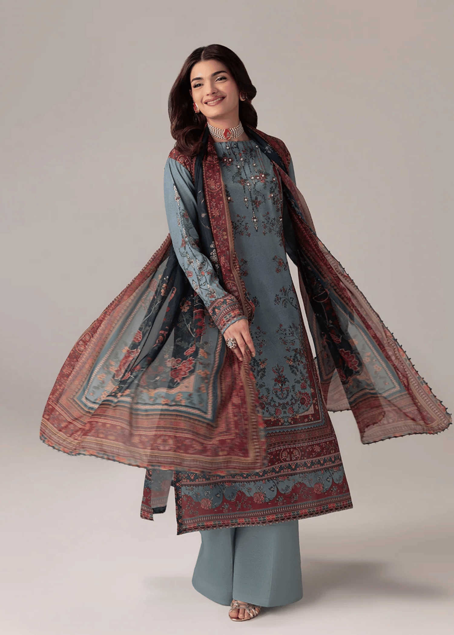 crepe silk Kurta Set in Shadow blue