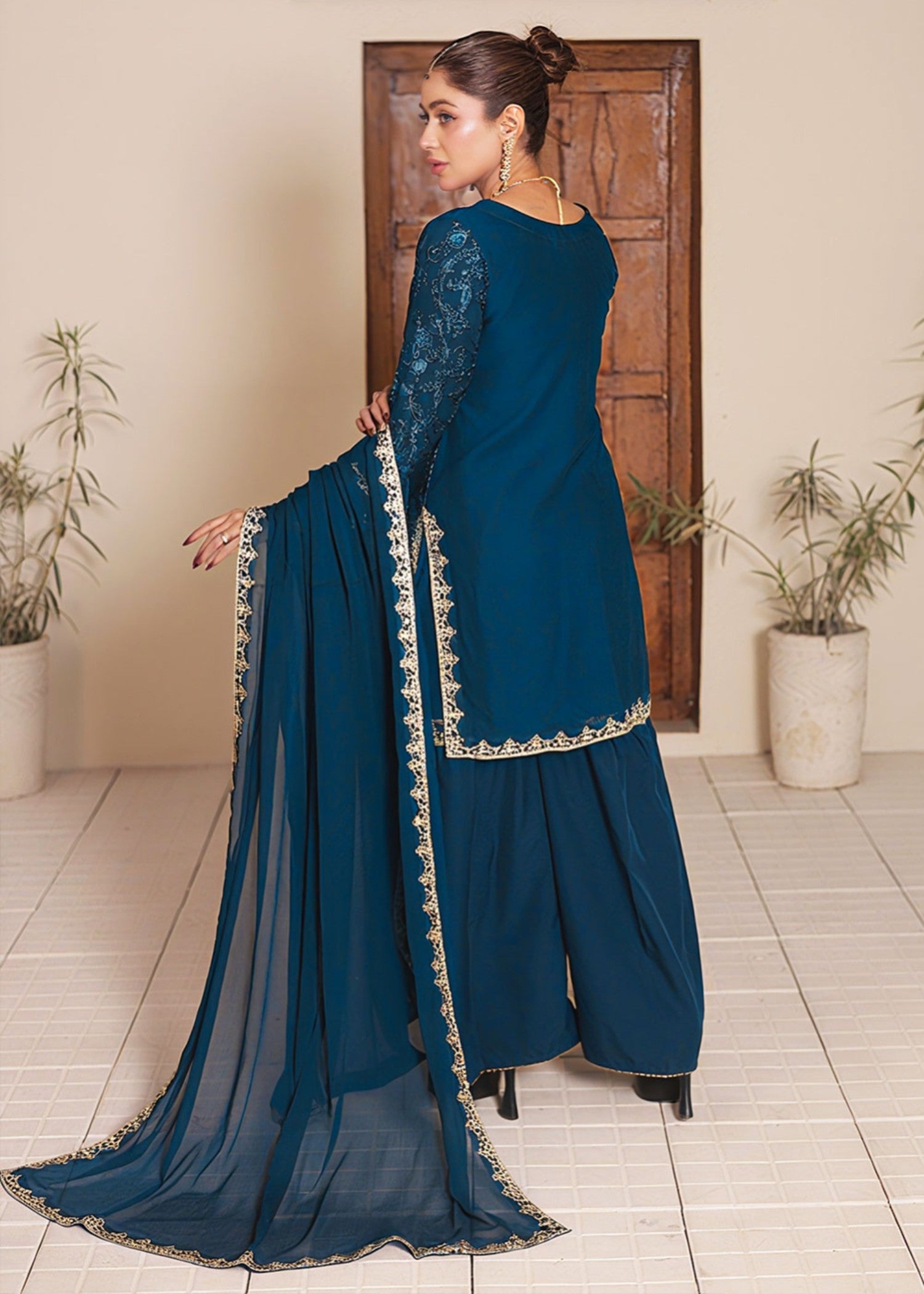 chiffon Gharara in Yale blue