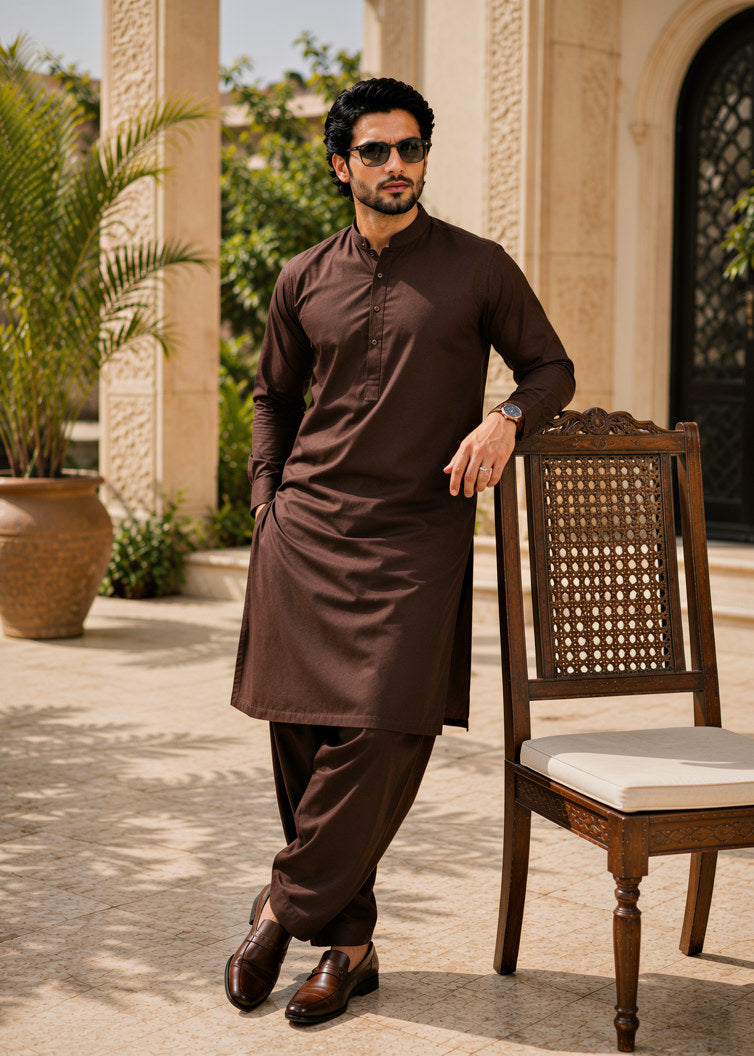 wash & wear Shalwar Kameez in Chocolate brown by Waqar Mustafa