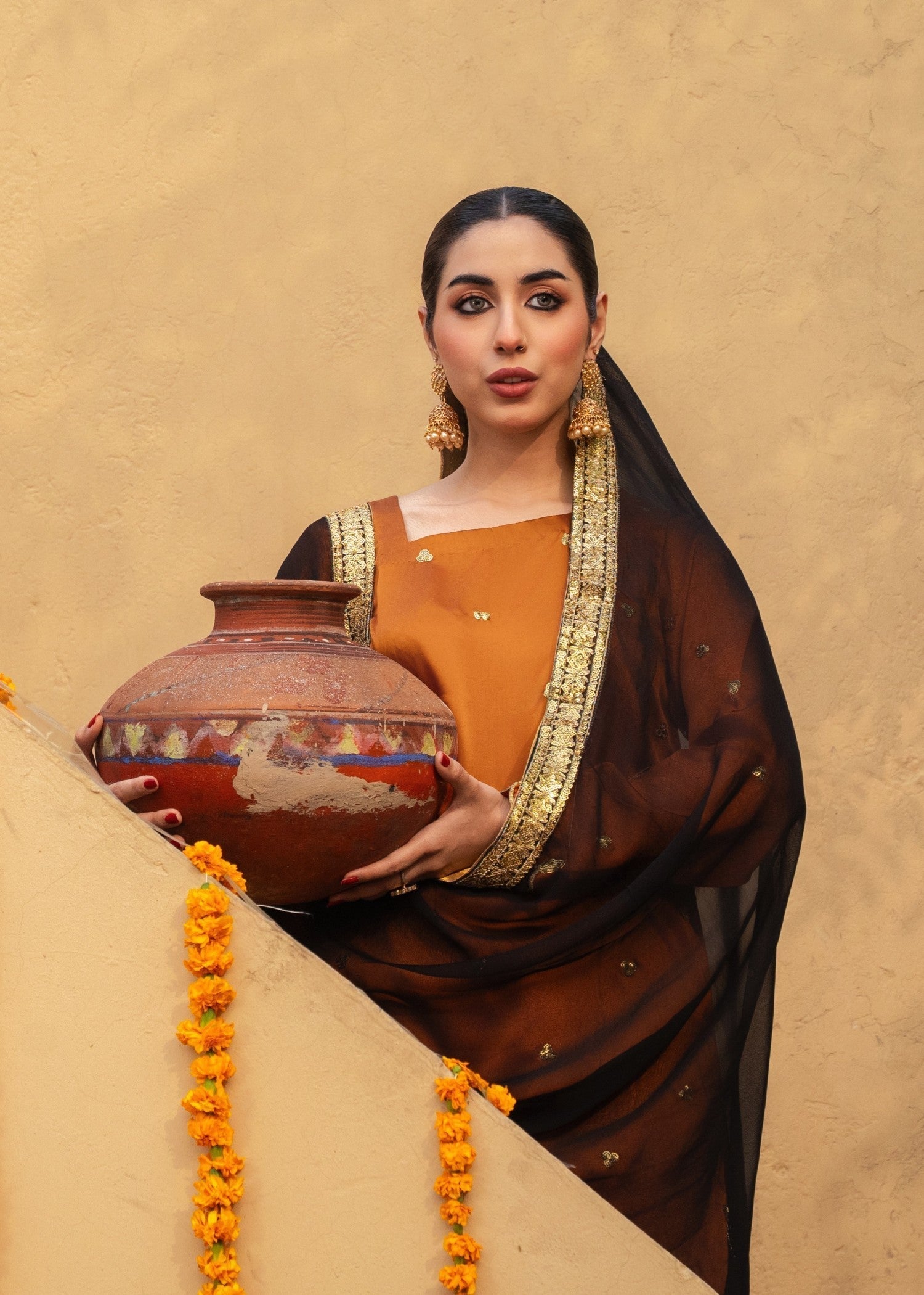 silk Sharara in Burnt orange