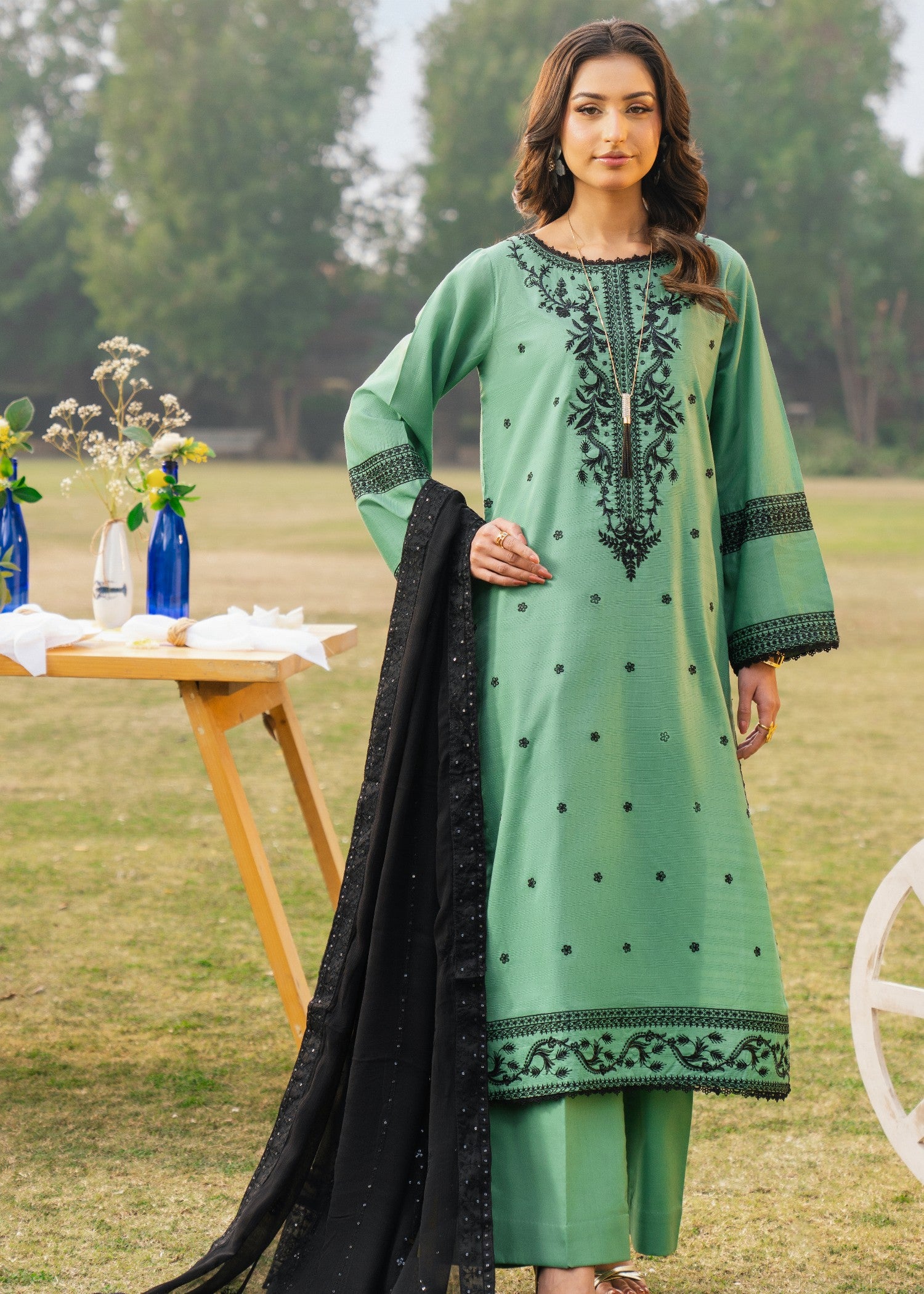 lawn Kurta Set in Mint green, black