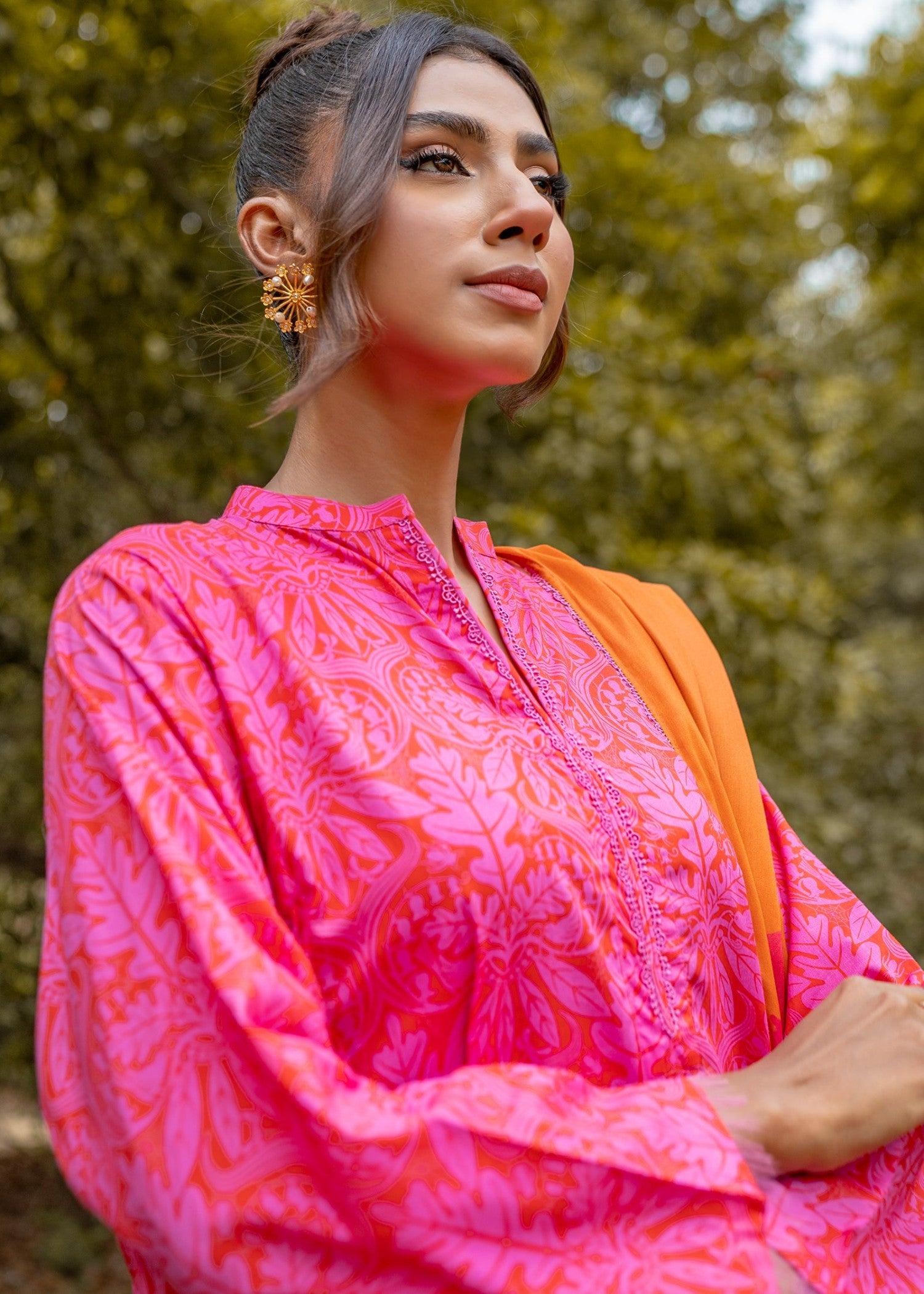 poly lawn Kurta Set in Shocking pink