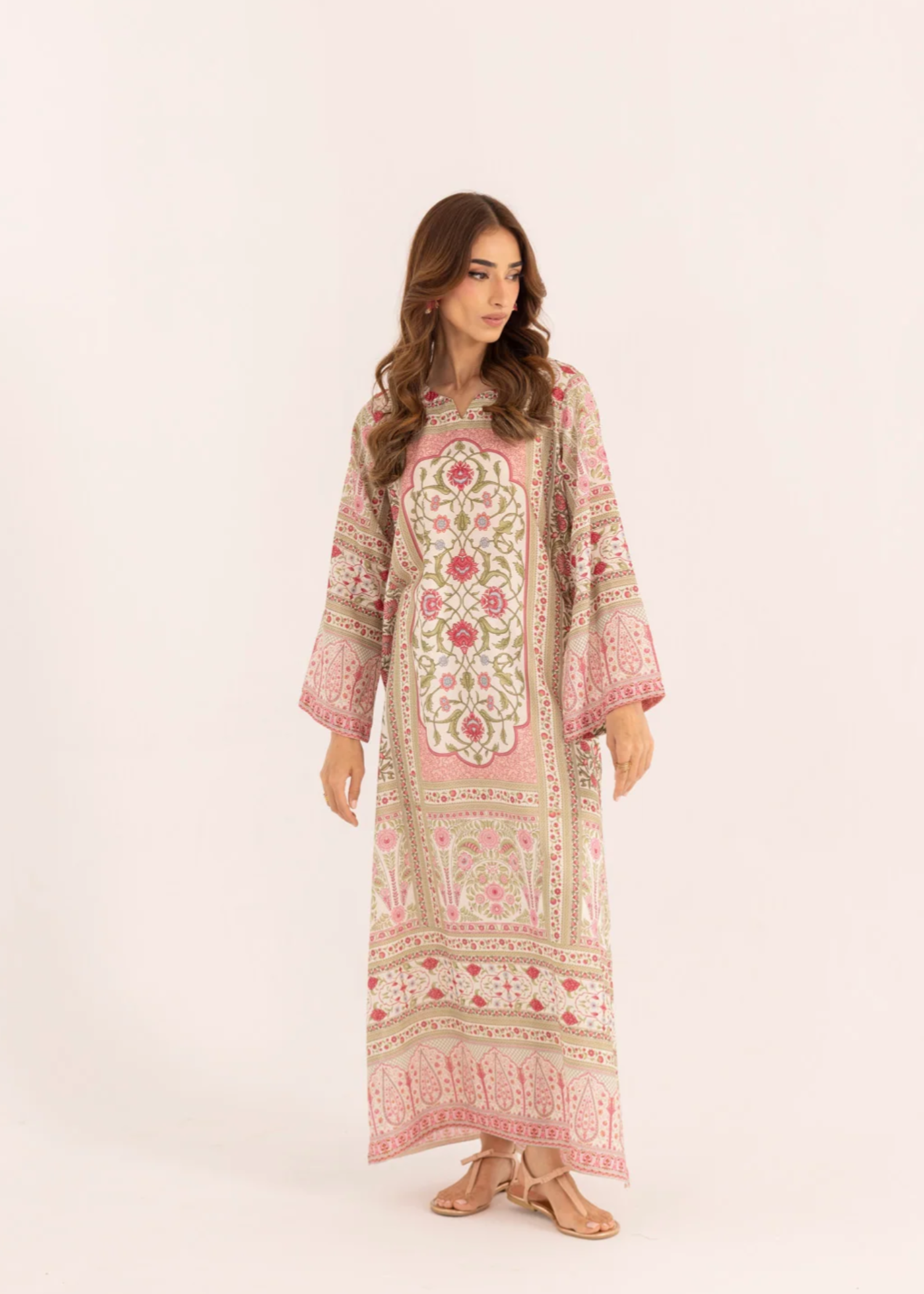 silk finish lawn Kaftan in Peach pink