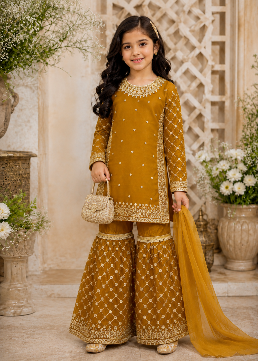 chiffon Gharara in Mustard