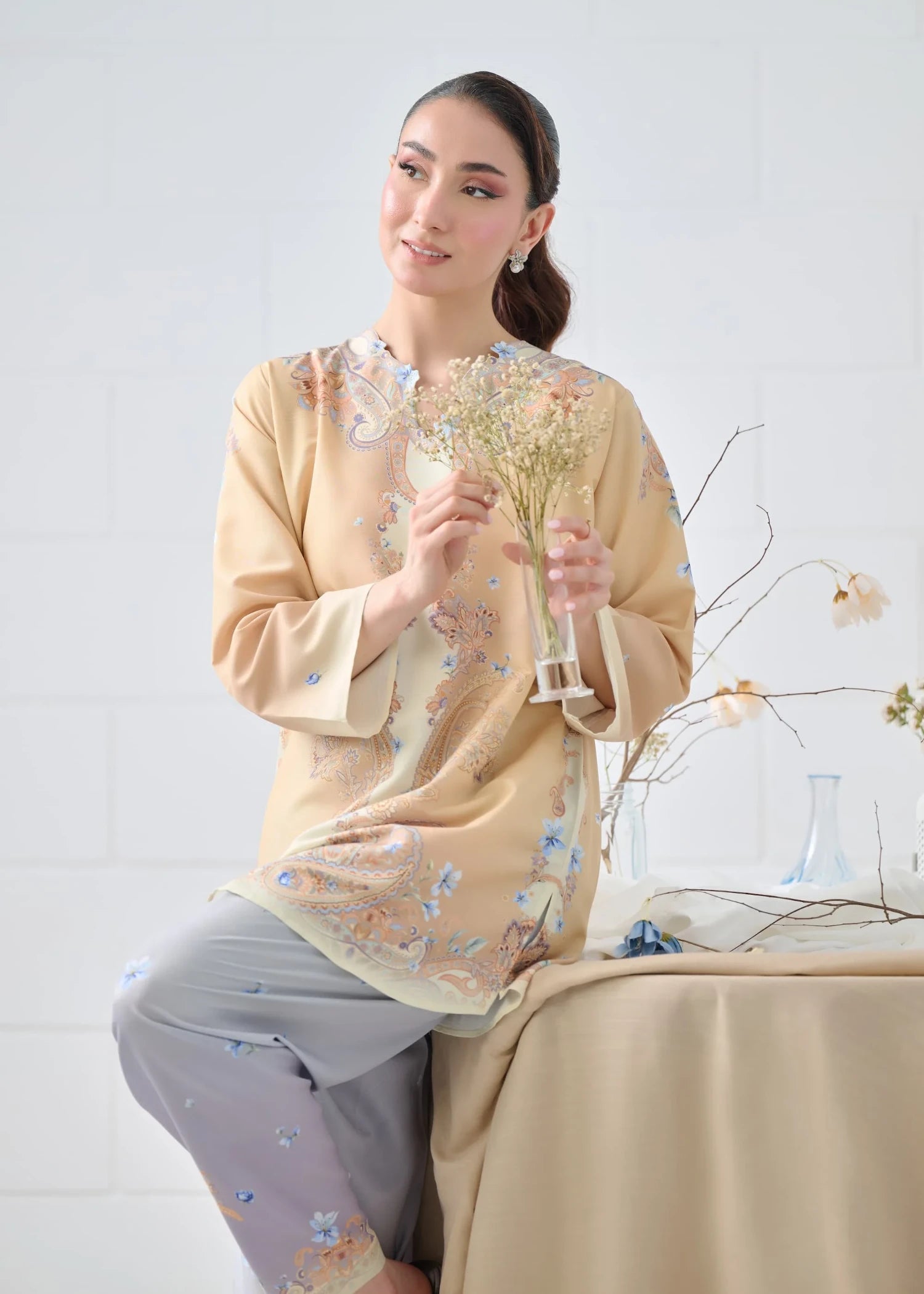 raw silk Kurta Set in Beige, ice blue