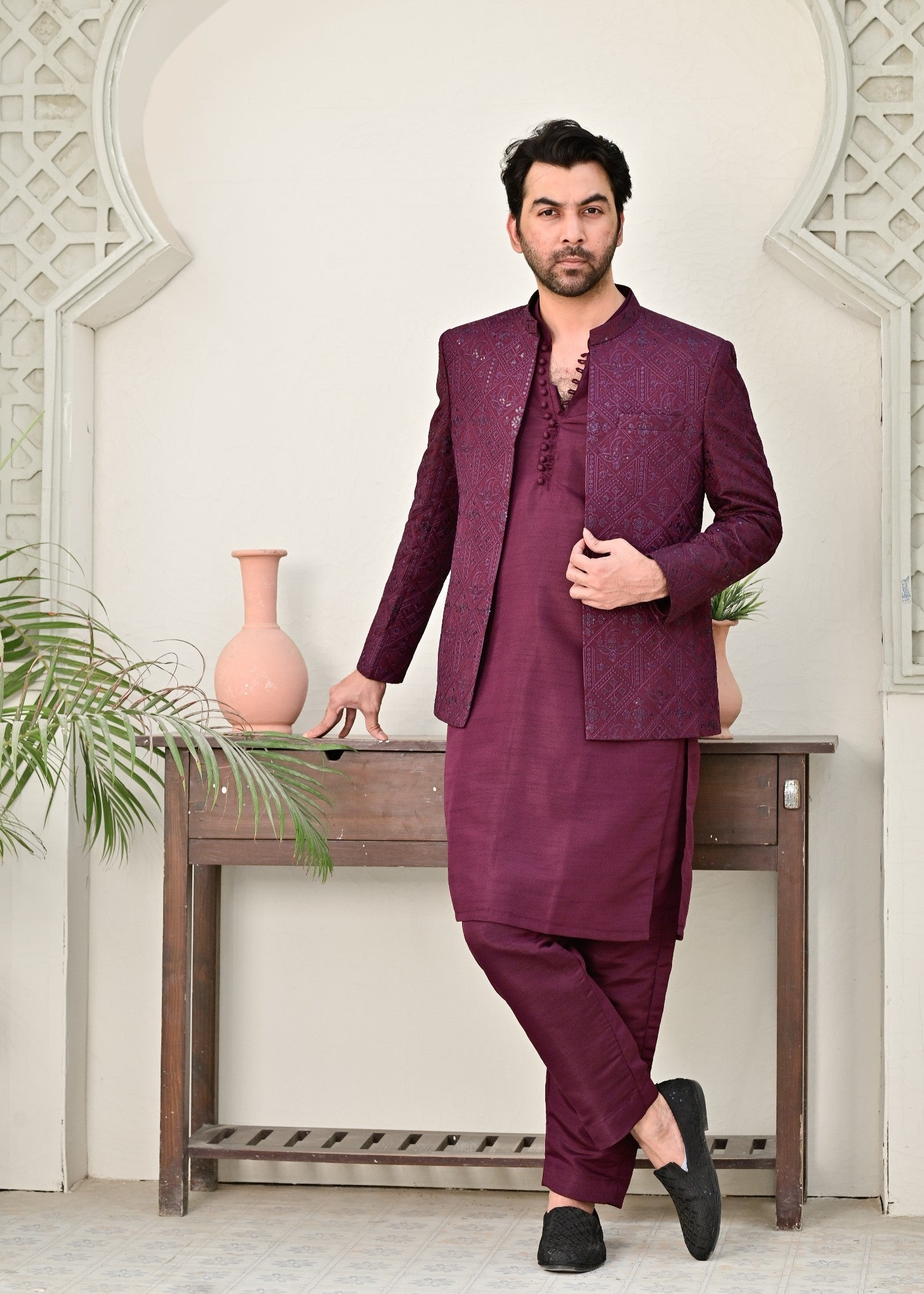 raw silk Prince Coat in Burgundy by HK Fashion
