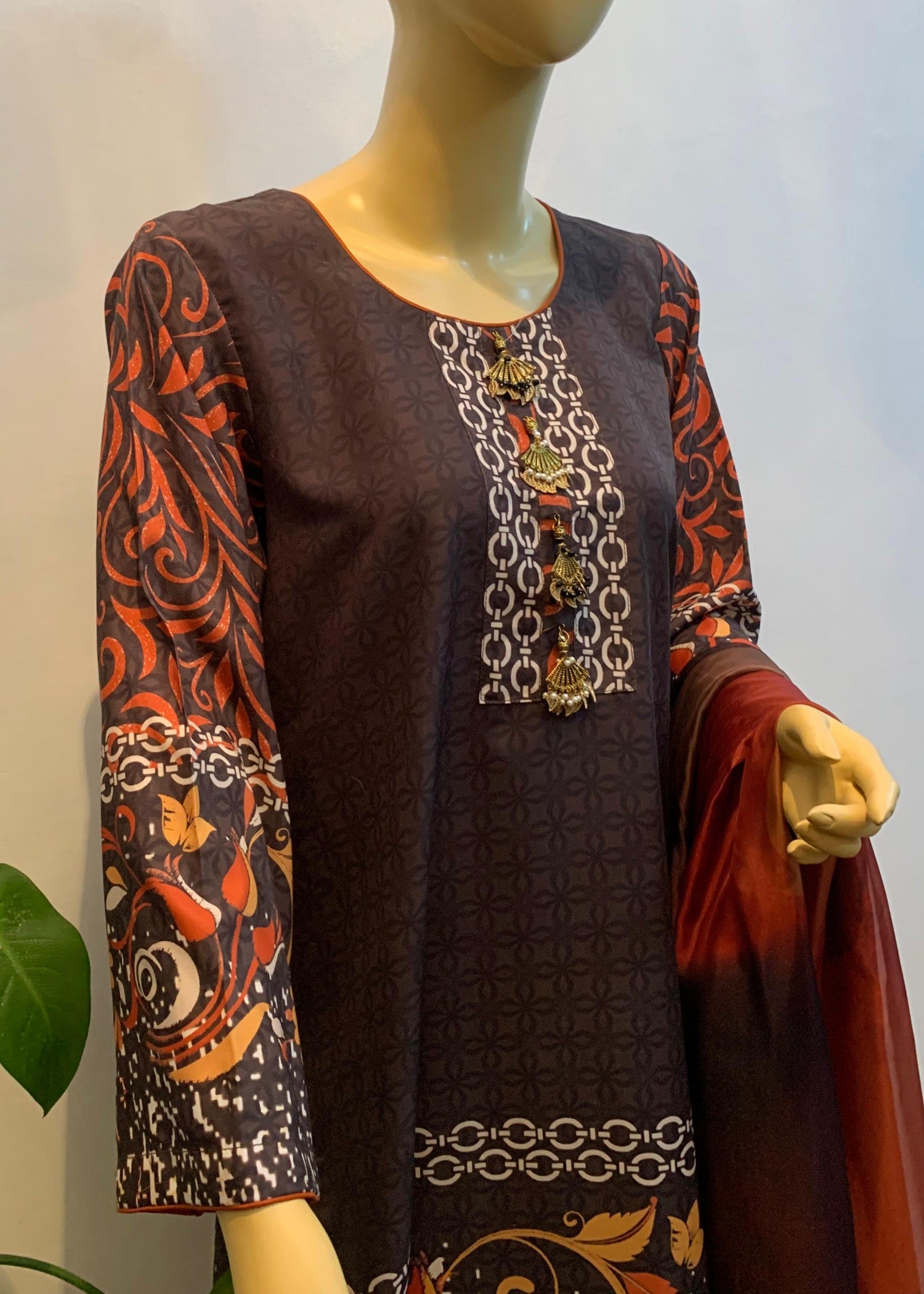 silk finish lawn Unstitched in Dark brown, mustard, peanut