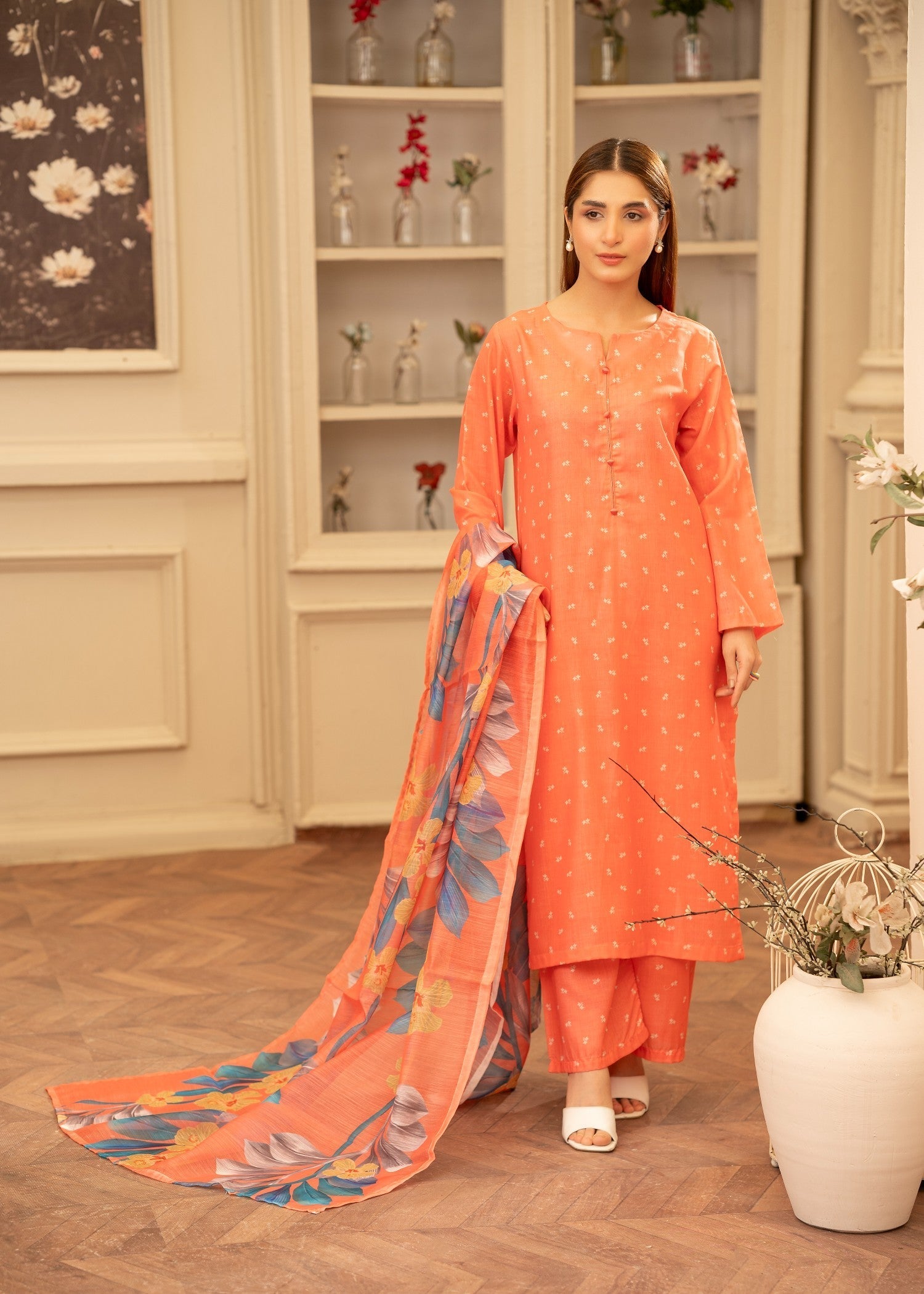 poly lawn Kurta Set in Coral pink