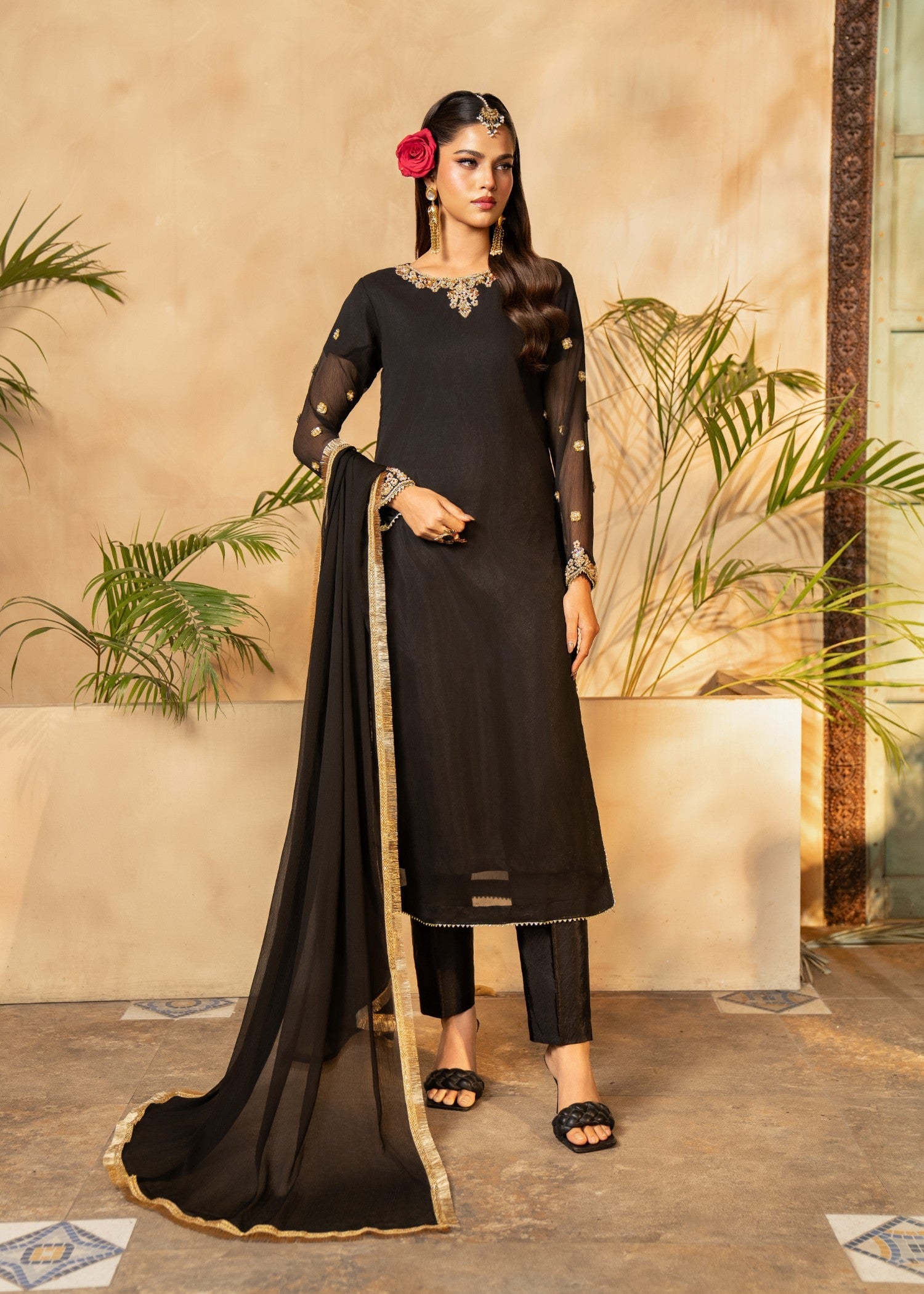 chiffon Kurta Set in Black