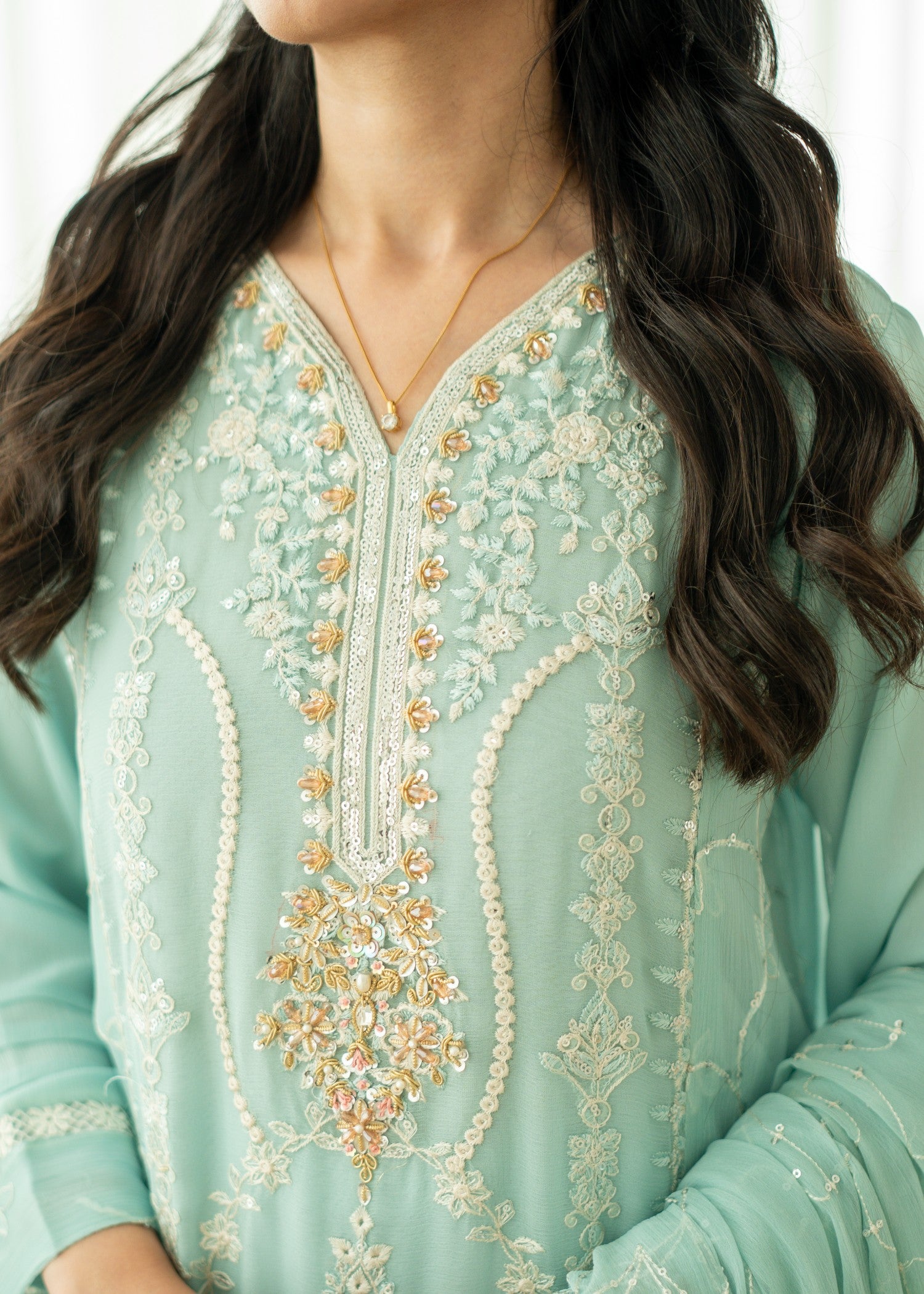 chiffon Kurta Set in Moss green