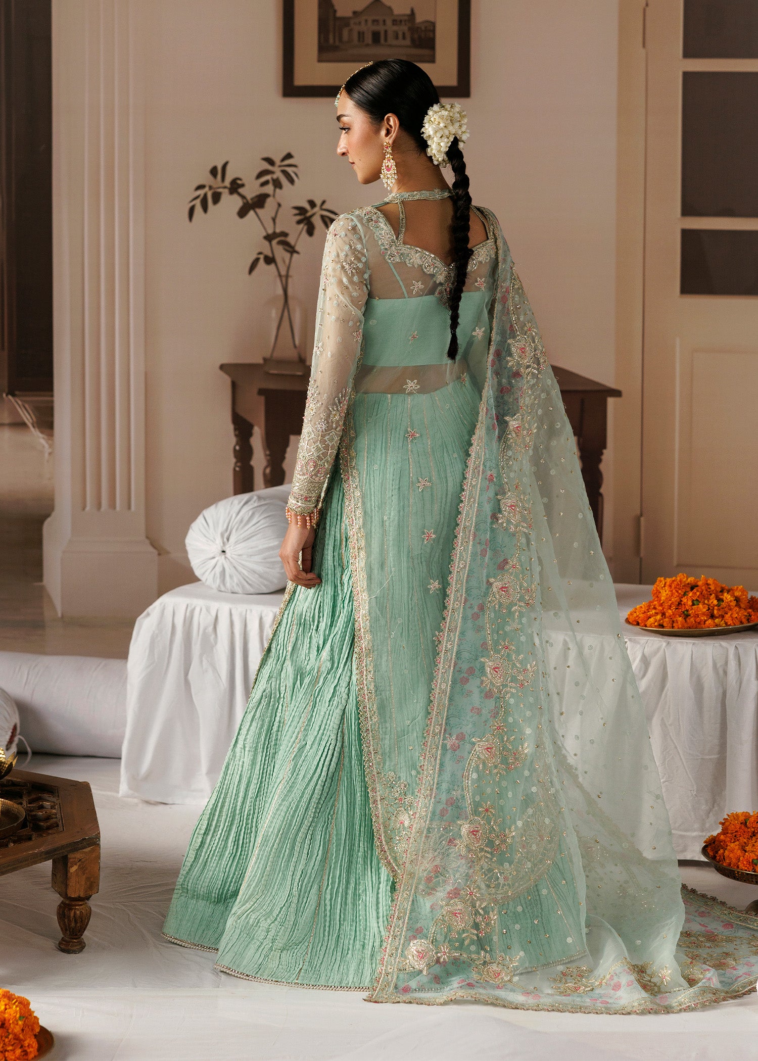 organza Unstitched in Moss green