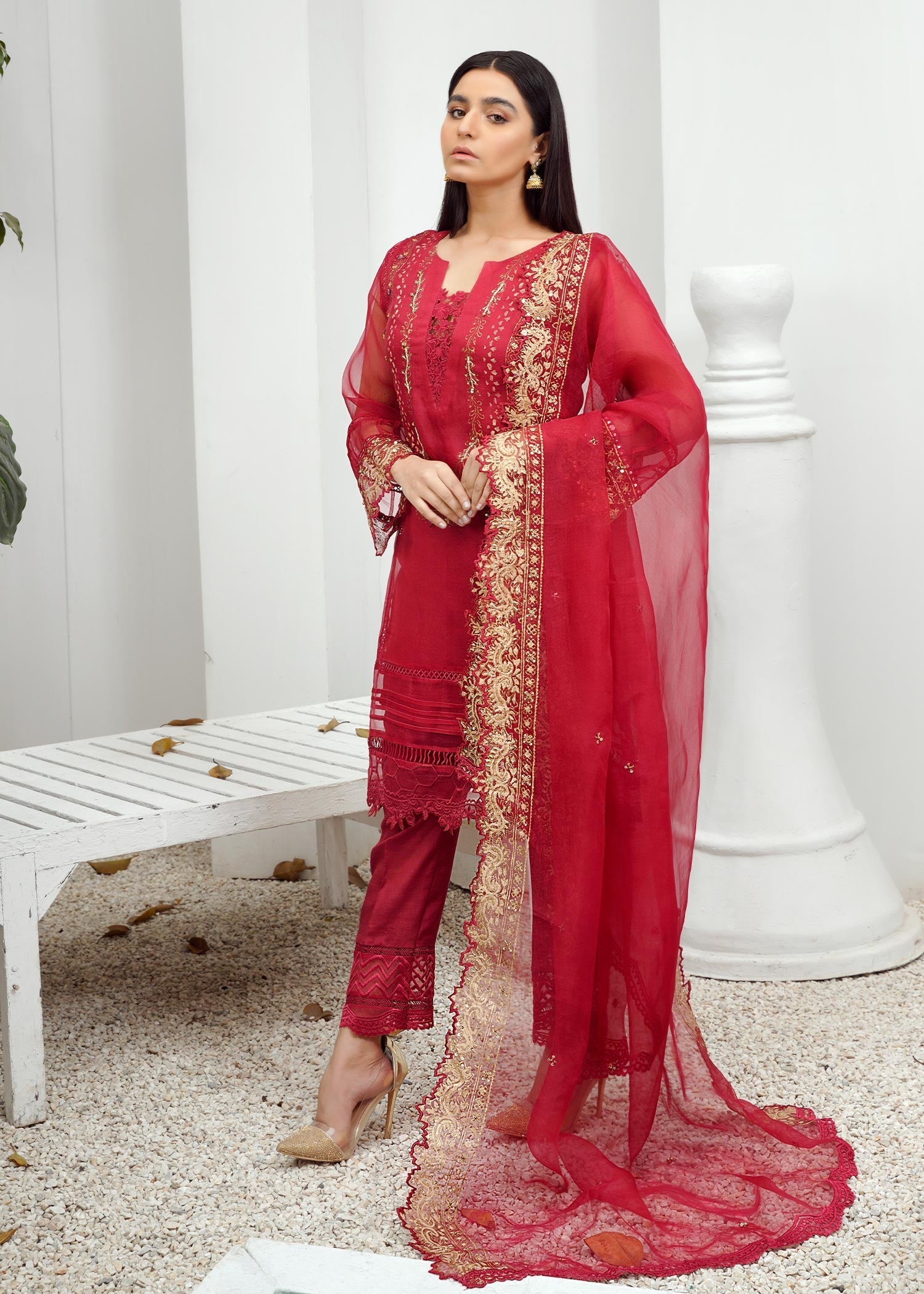 organza Kurta Set in Cherry red
