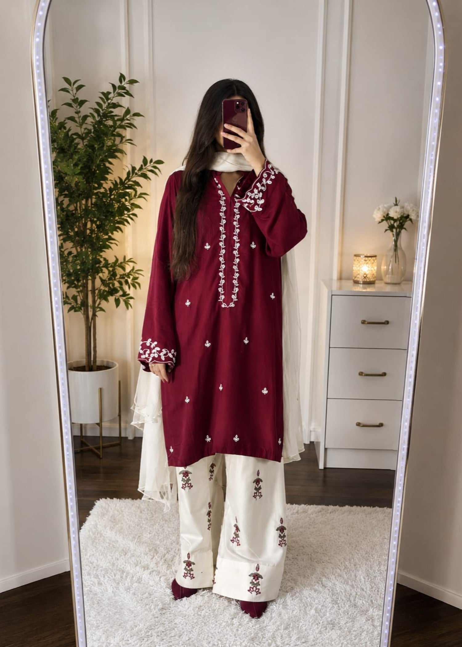 linen Kurta Set in White, maroon