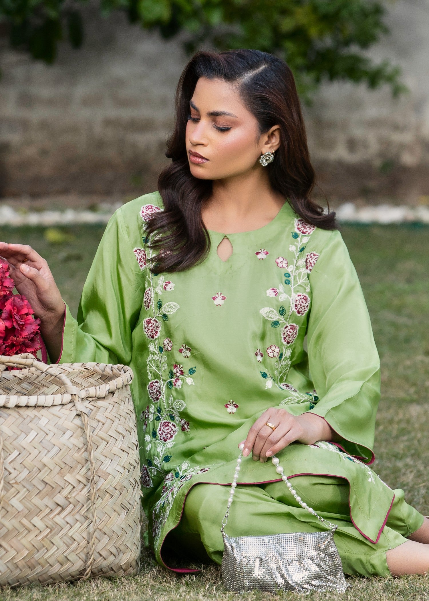 silk Kurta Set in Apple green