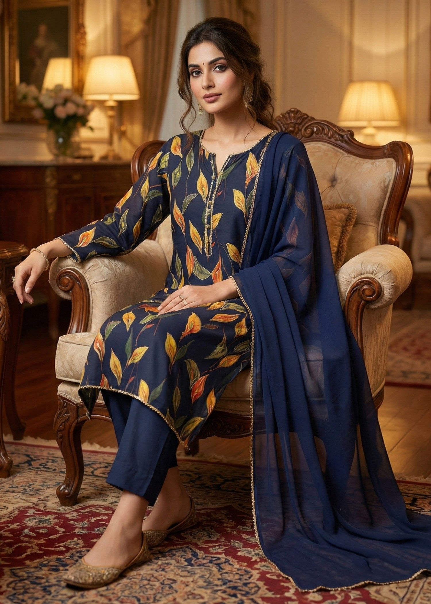 silk Kurta Set in Navy blue