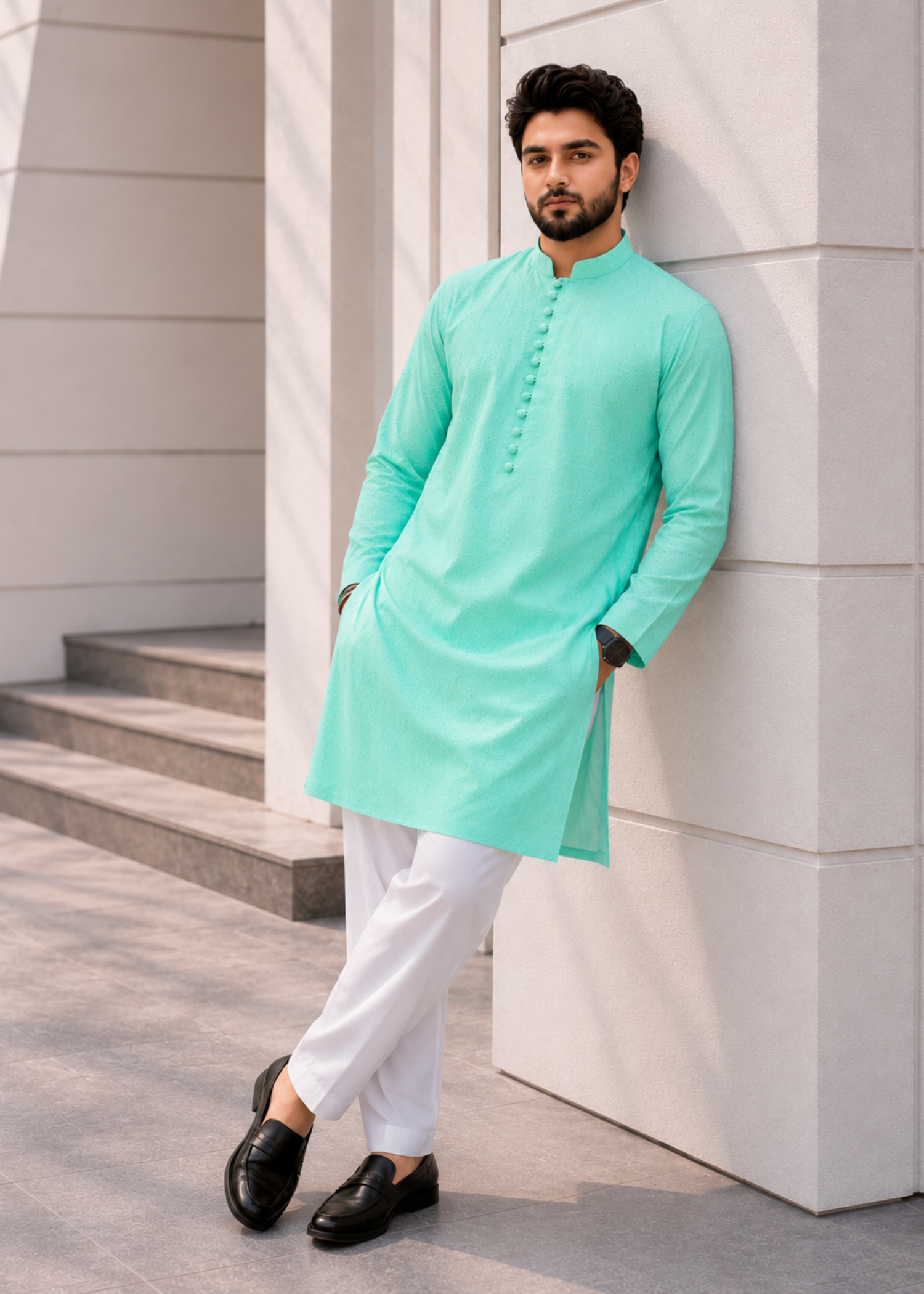 chikankari cotton Kurta Set in Aquamarine