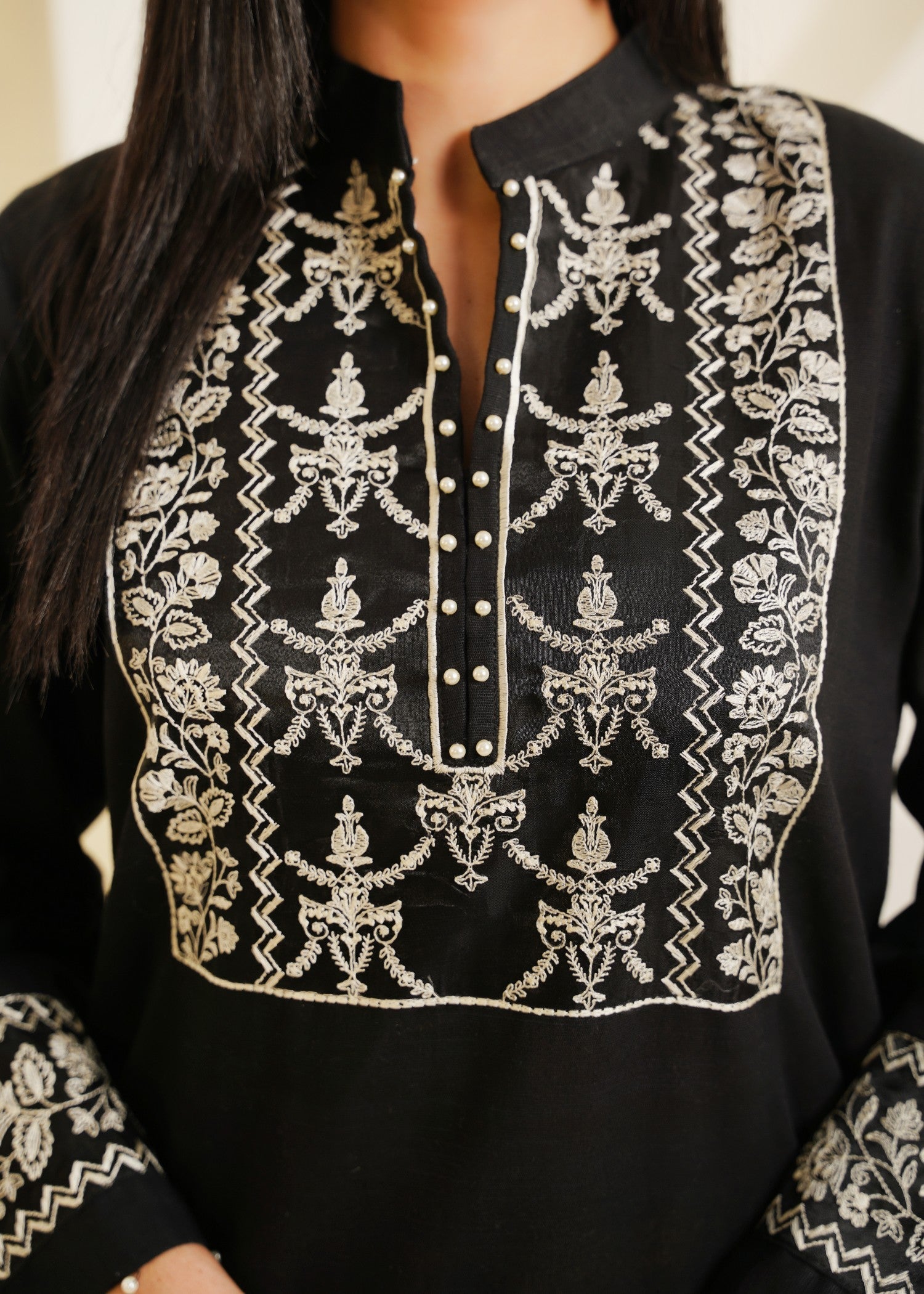 khaddar Kurta Set in Black, ivory, cream