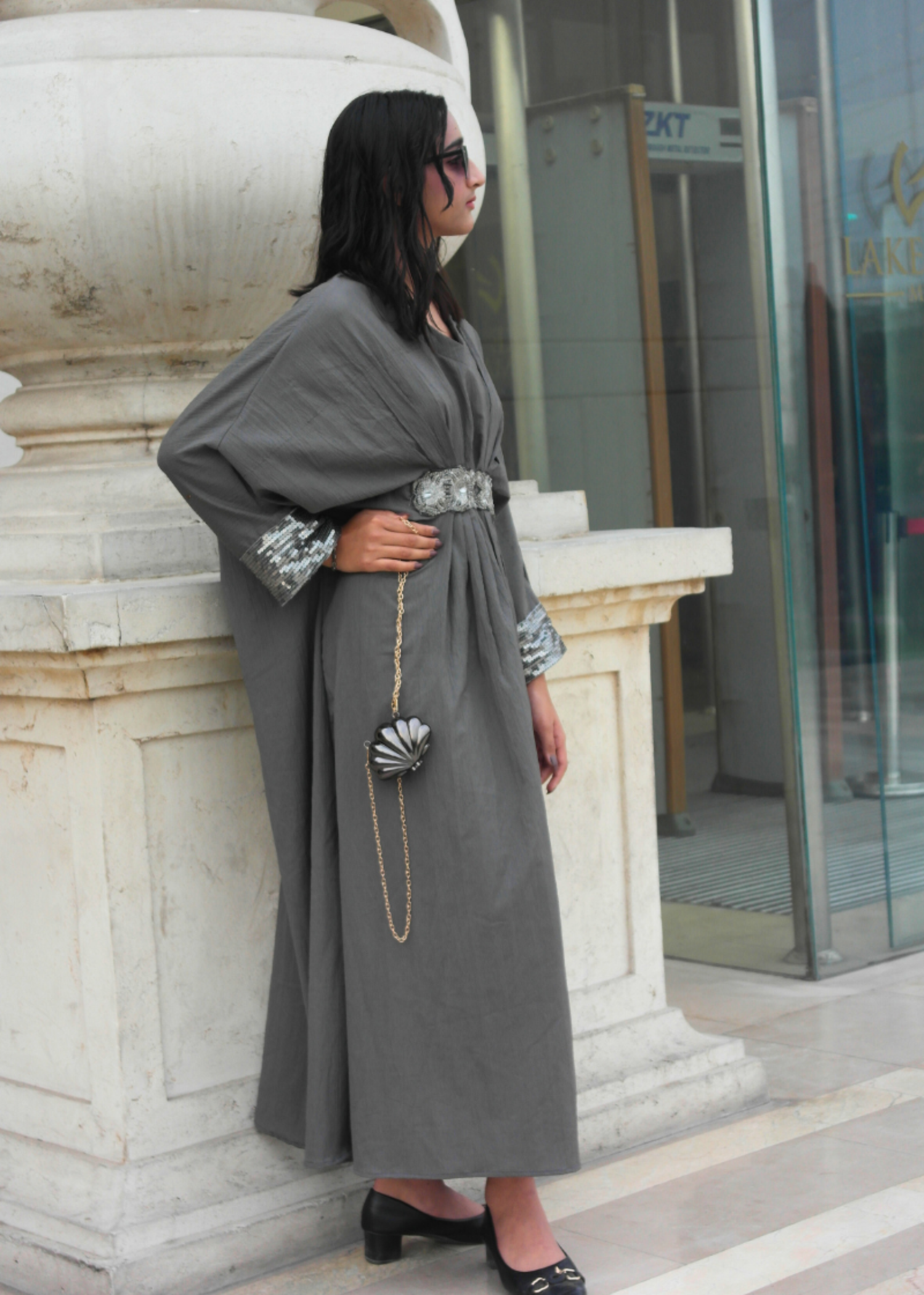 textured grip Kaftan in Steal grey