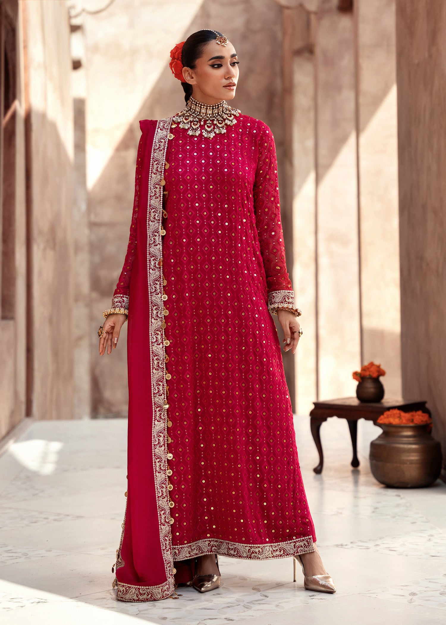 chiffon Kurta Set in Fire red