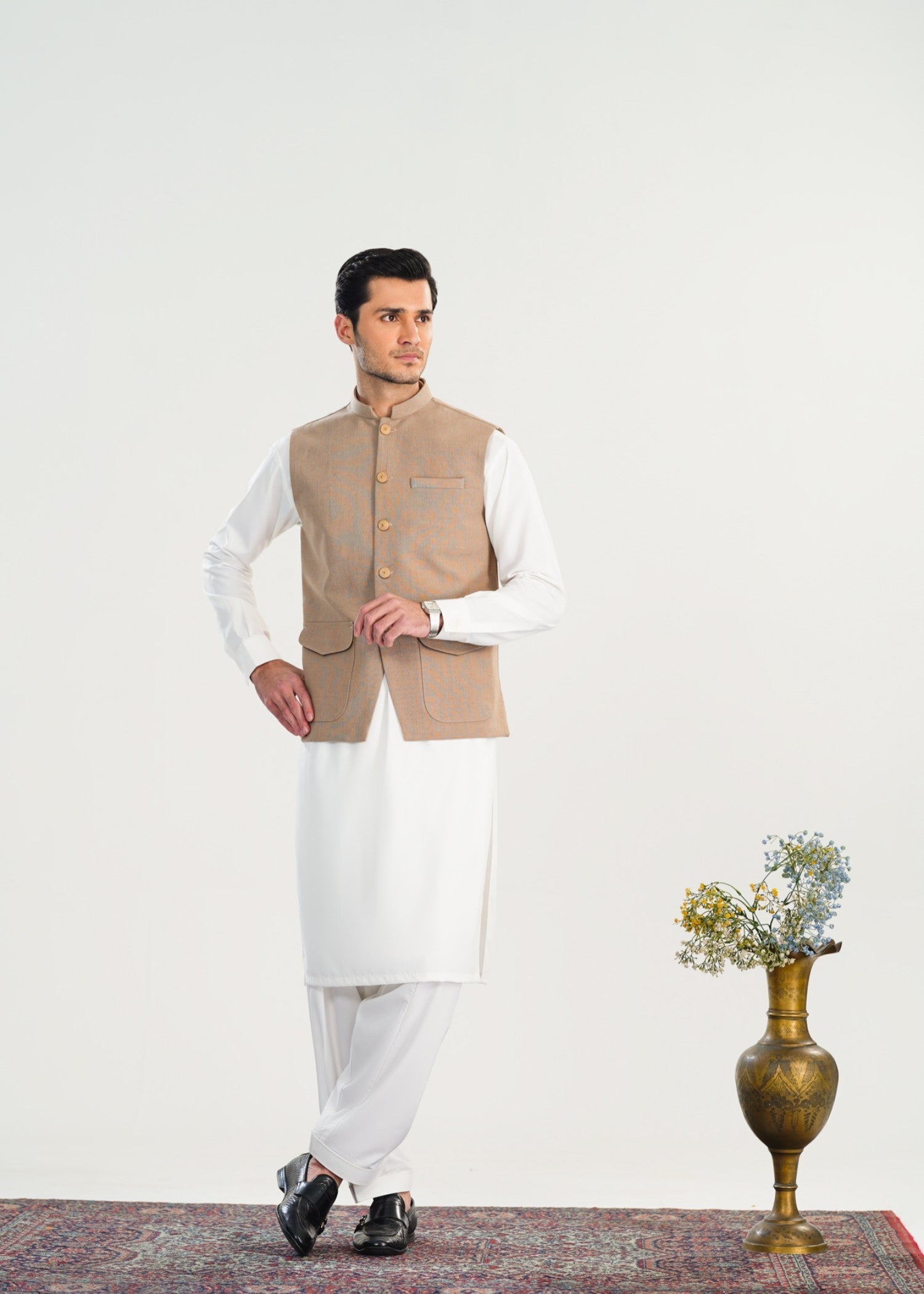 handwoven khaddar Waistcoat in Off-white, beige by Muraqsh
