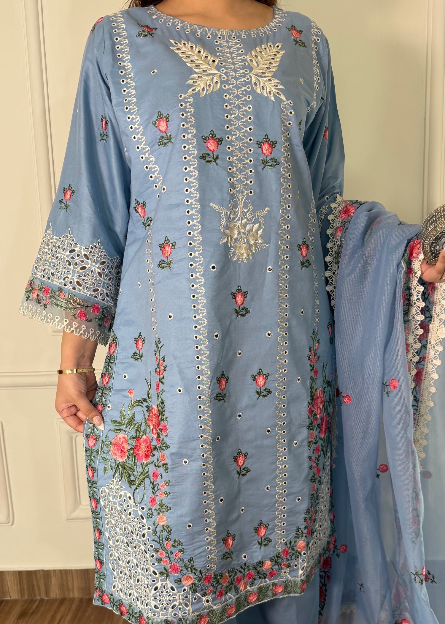 lawn Kurta Set in Powder blue, sky blue