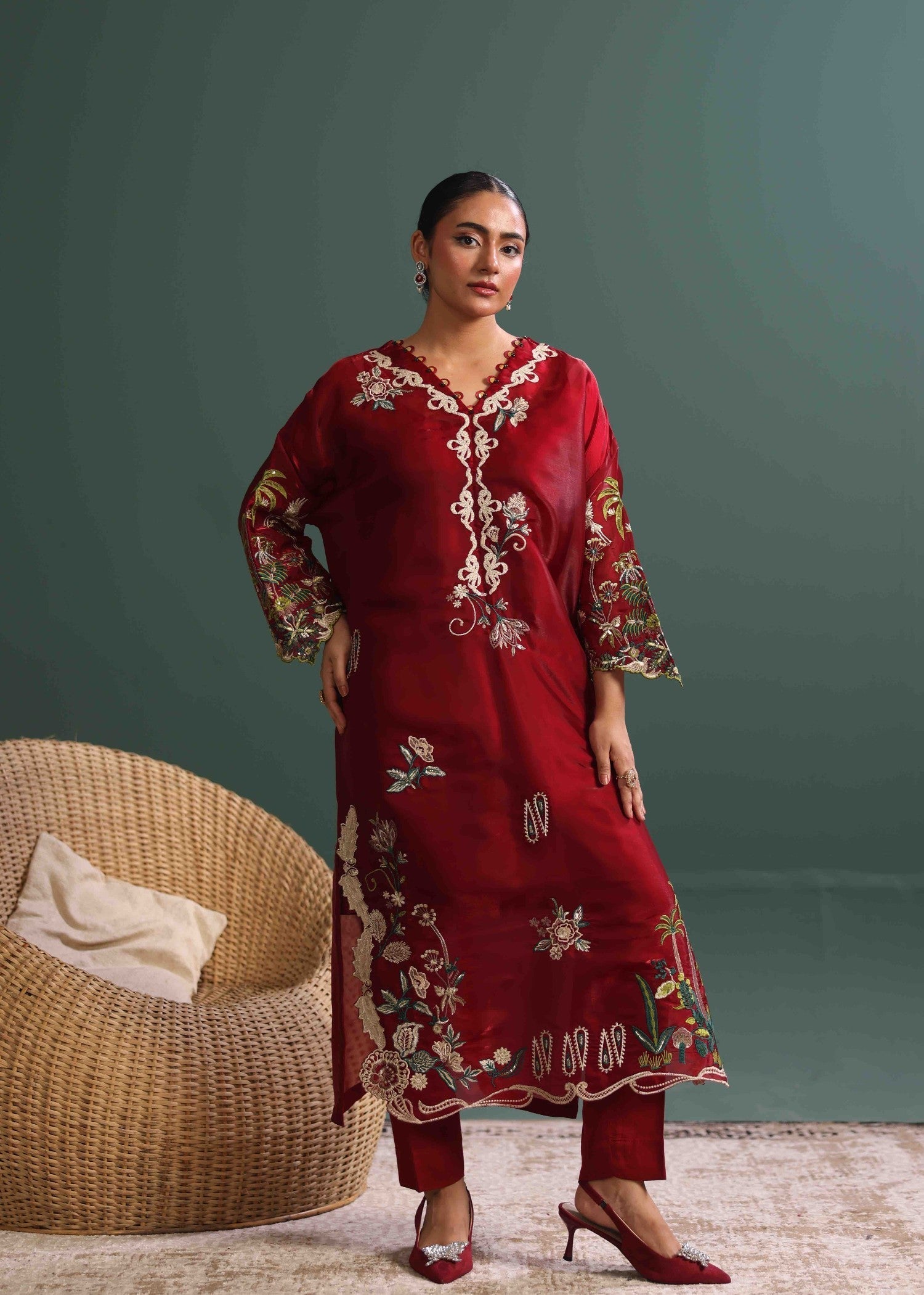 tussar silk Kaftan in Maroon