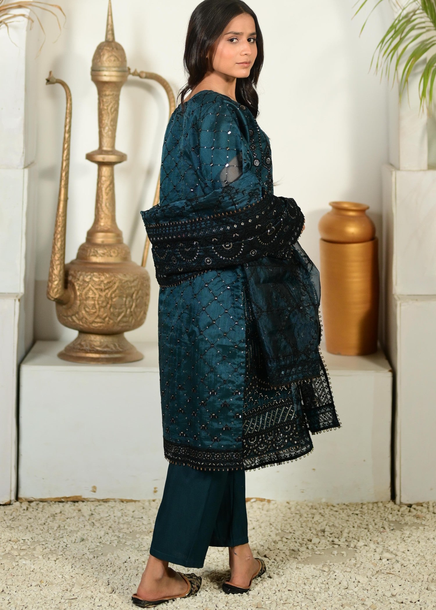 khaddi net Kurta Set in Sea green