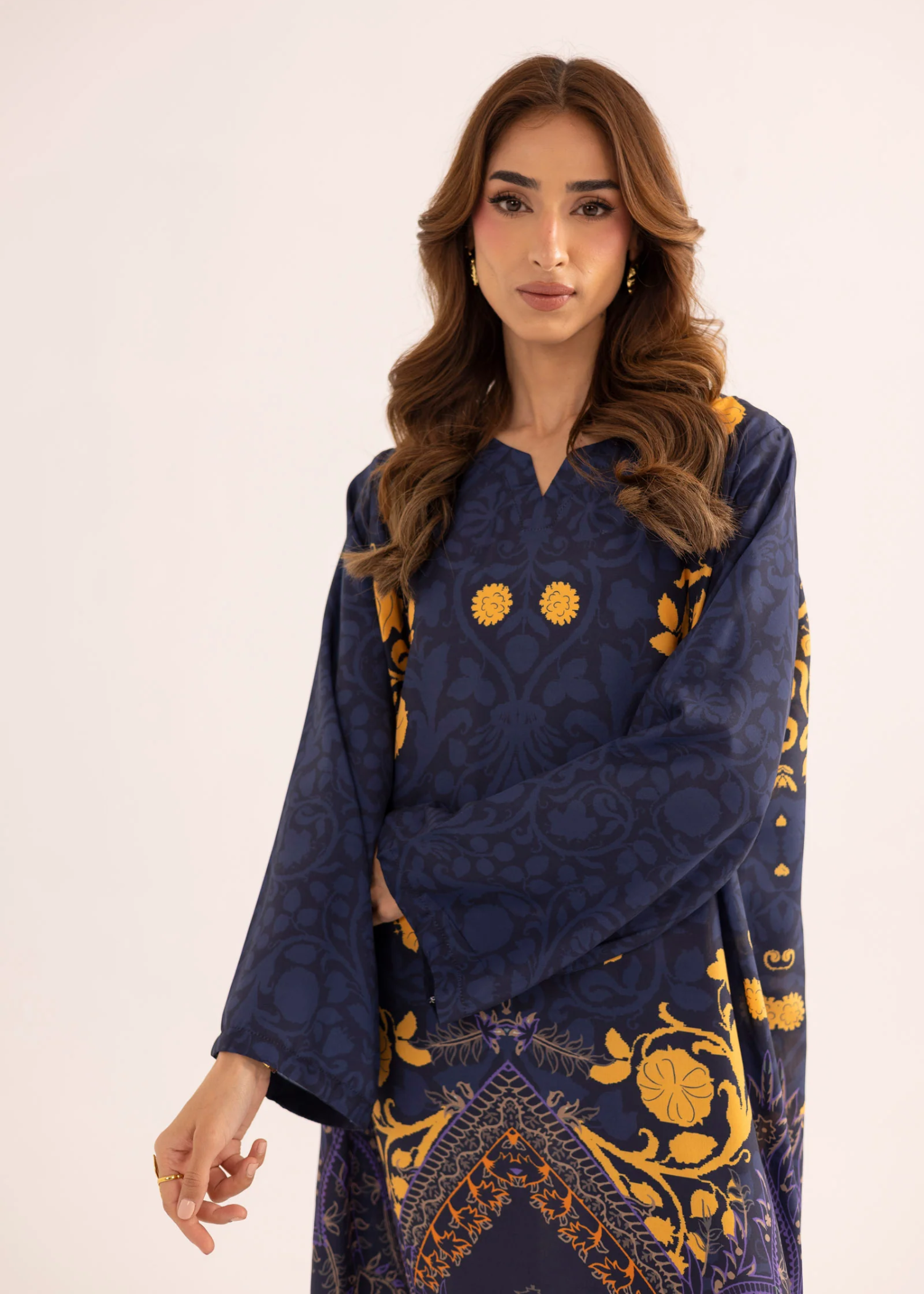 silk finish lawn Kaftan in Navy blue