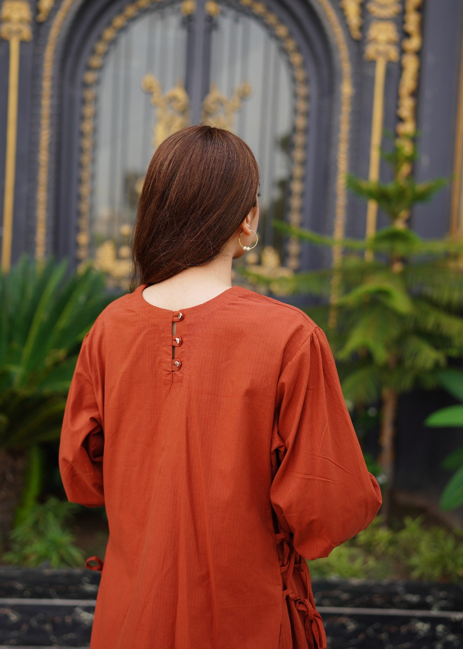 cotton dobby Short Frock in Rust orange
