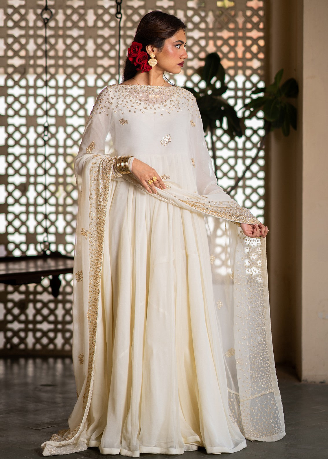 bemberg crinkle chiffon Pishwas in Eggshell