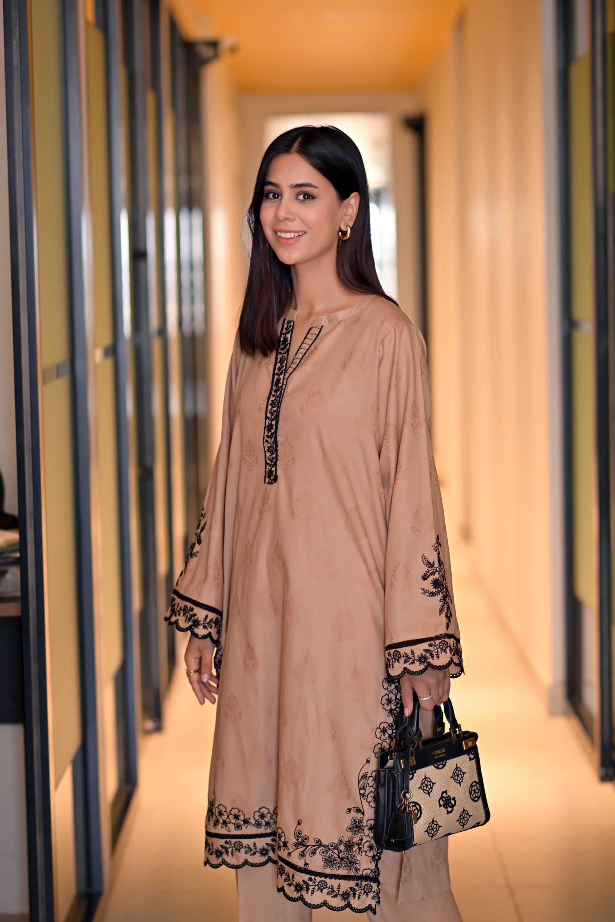 jacquard Kurti in Tan brown