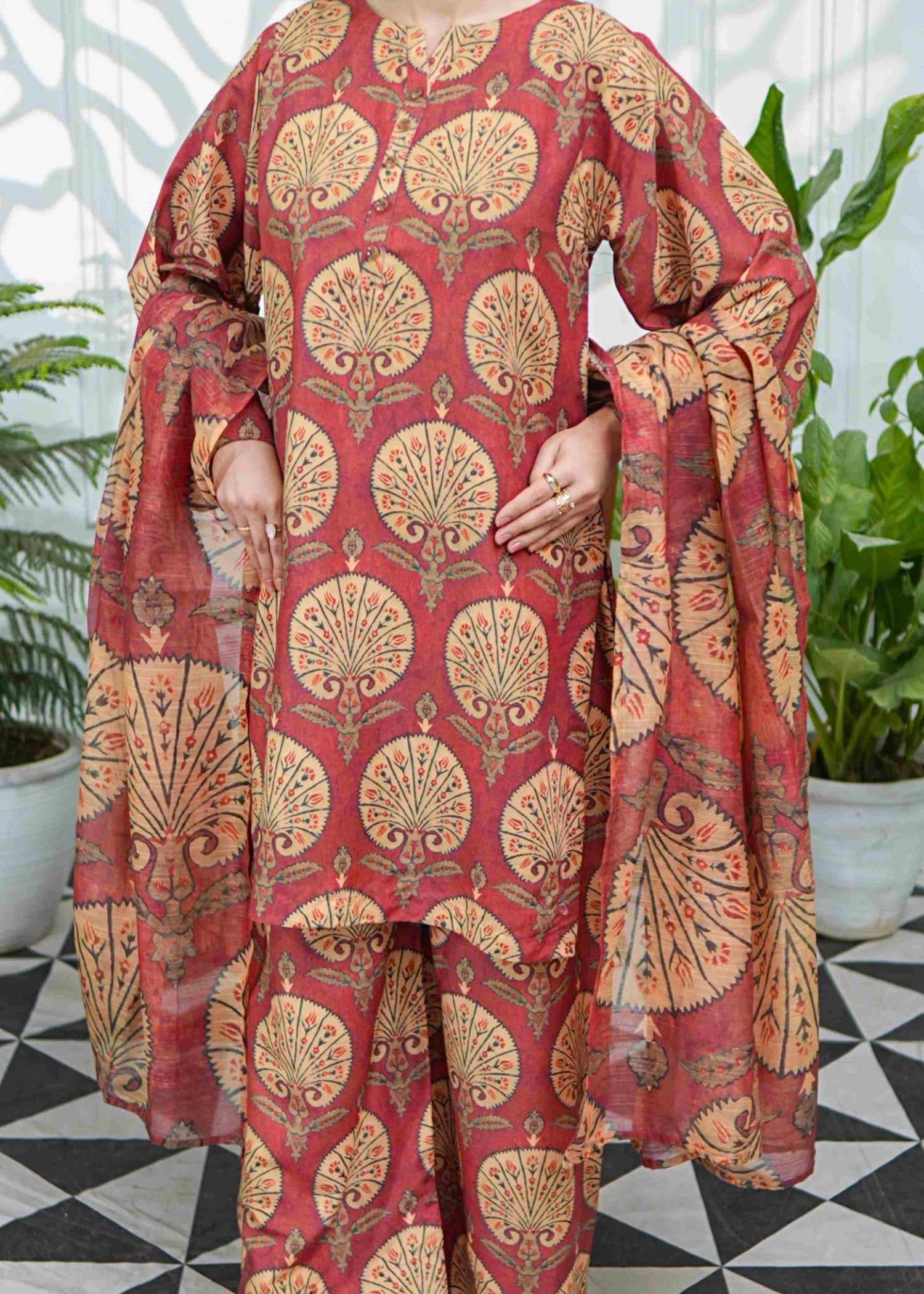 swiss lawn Kurta Set in Rust orange