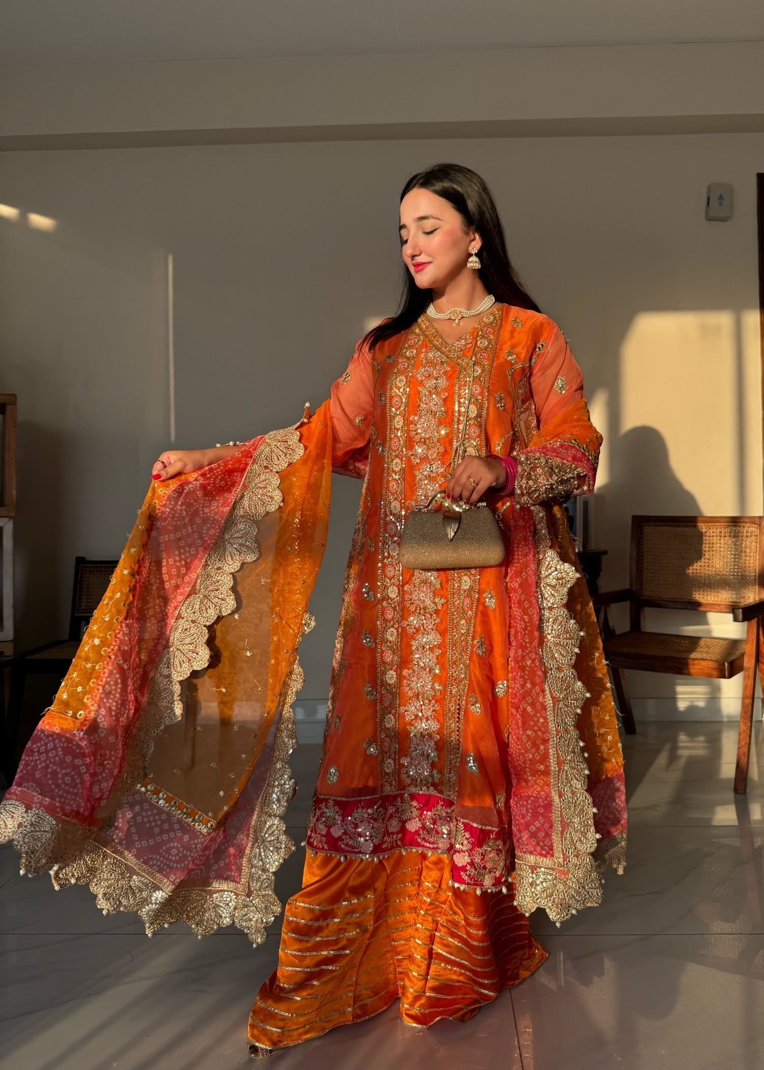 organza Angrakha in Orange, pumpkin orange