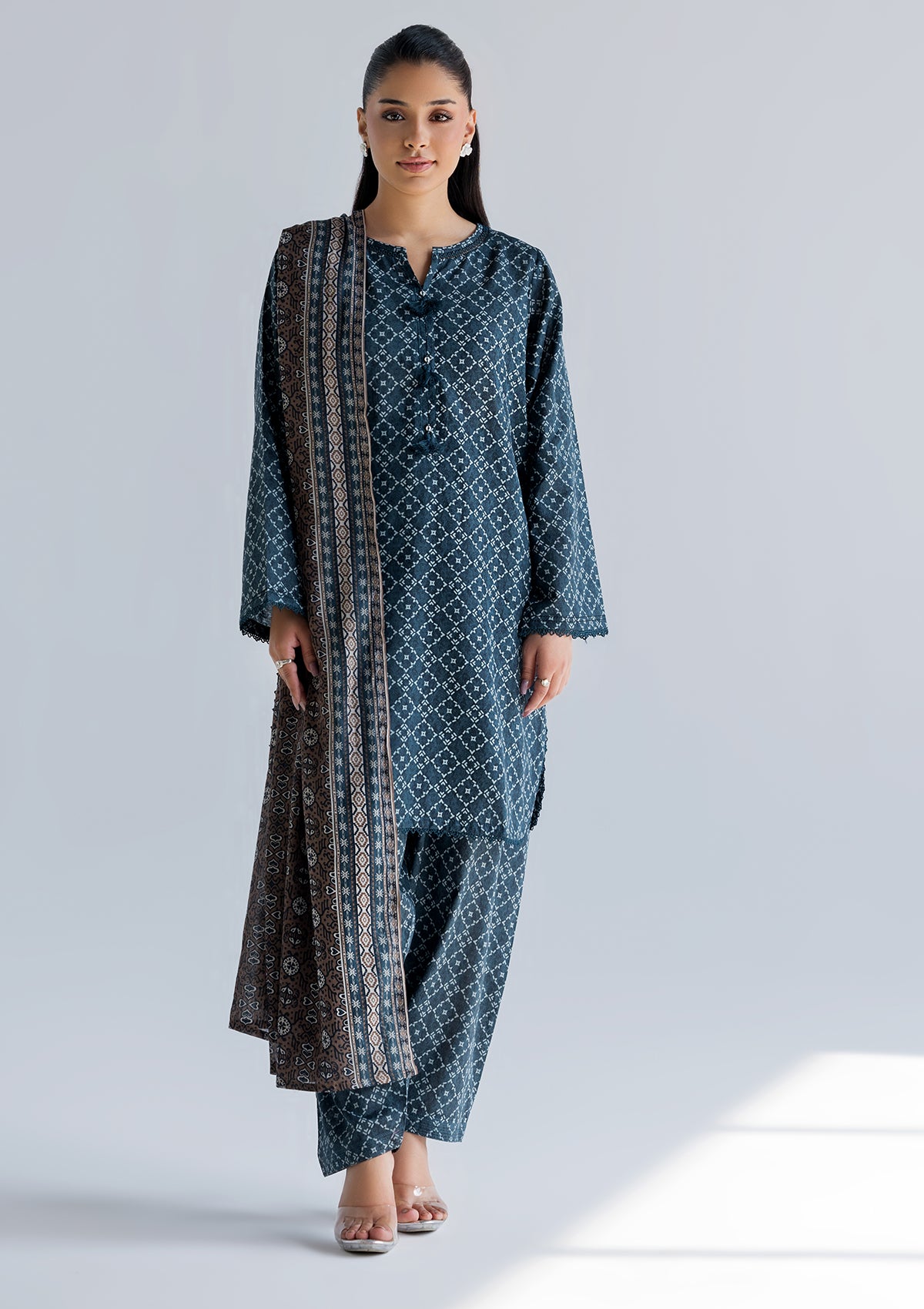 lawn Kurta Set in Dark grey