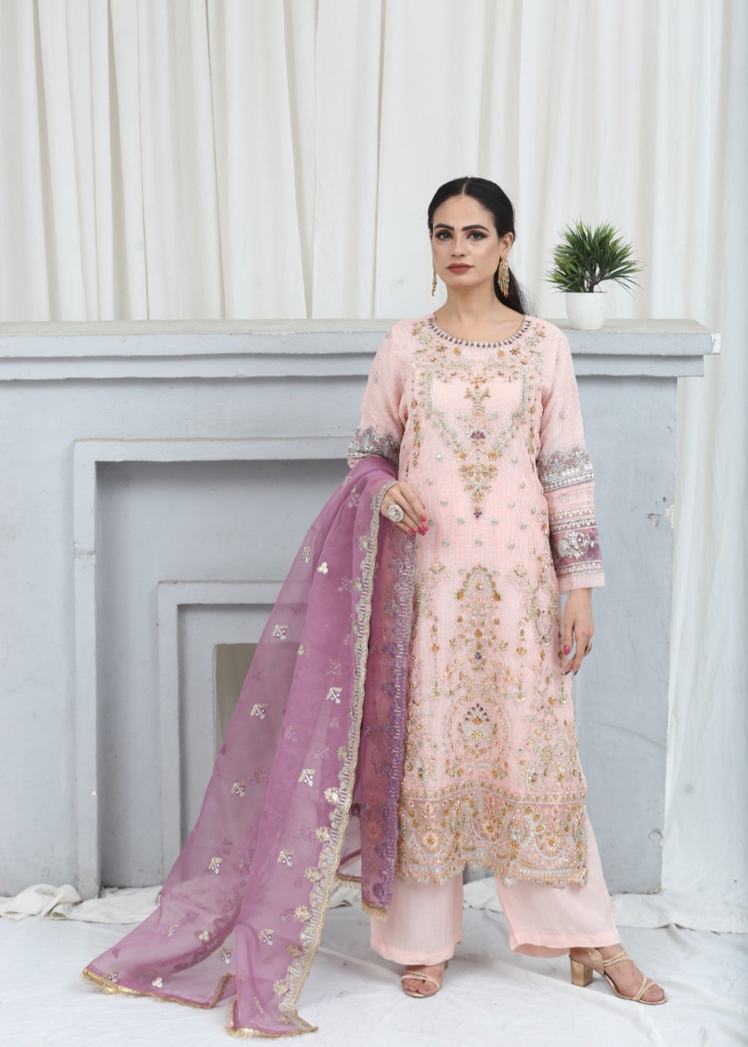 khaddi net Kurta Set in Cherry blossom pink