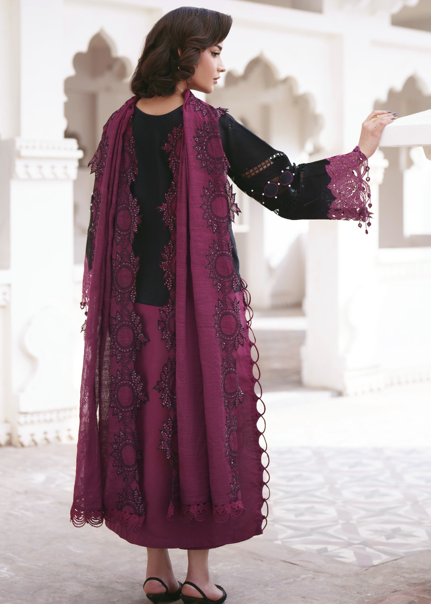 lawn Unstitched in Black, red violet