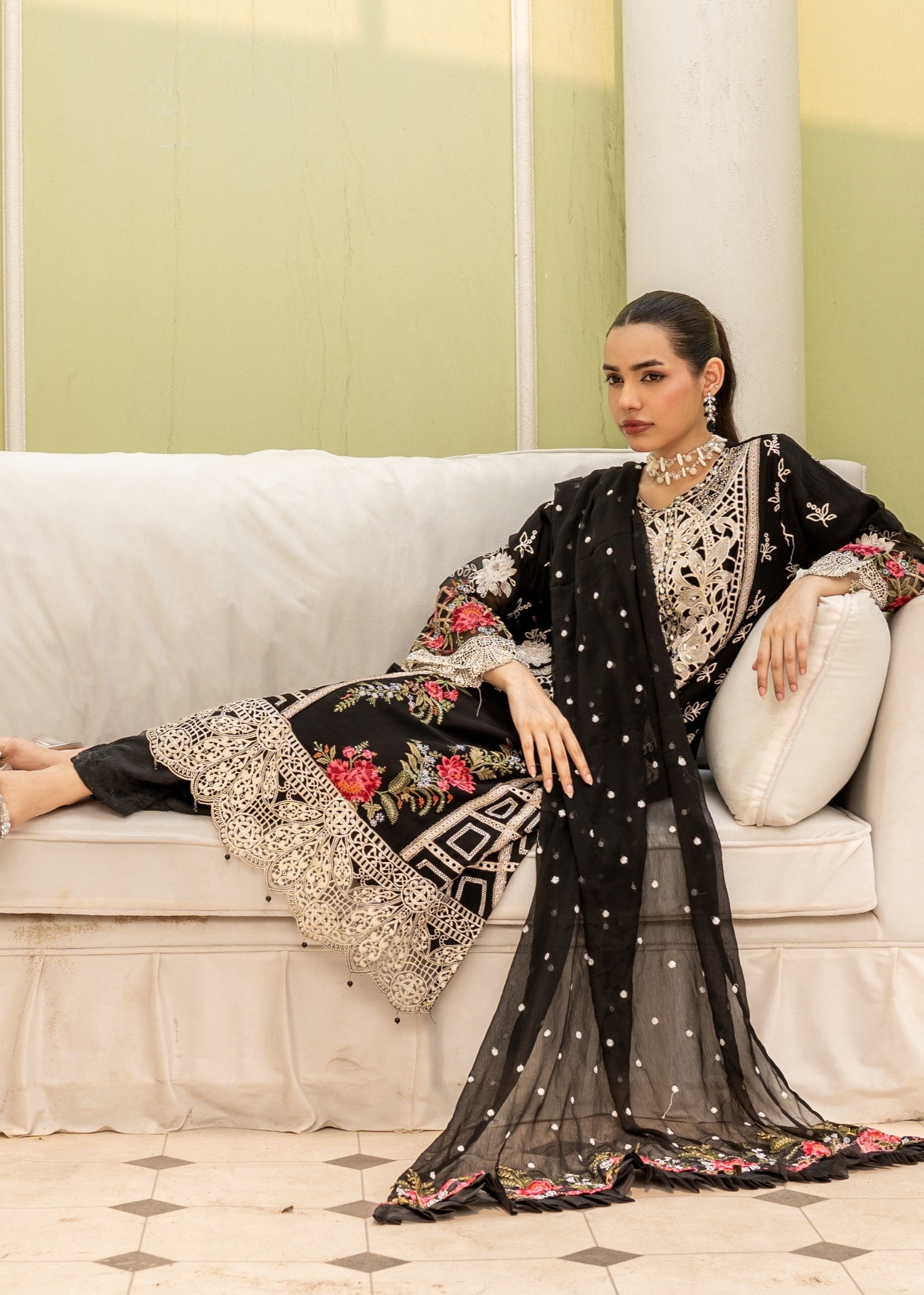 crinkle chiffon Kurta Set in Black