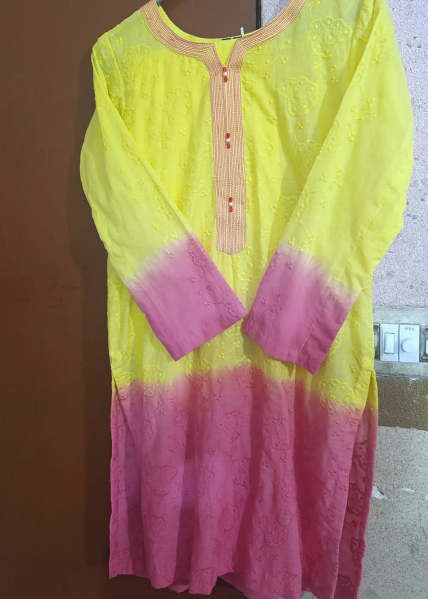 chikankari cotton Kurta Set in Bubblegum pink, lemon