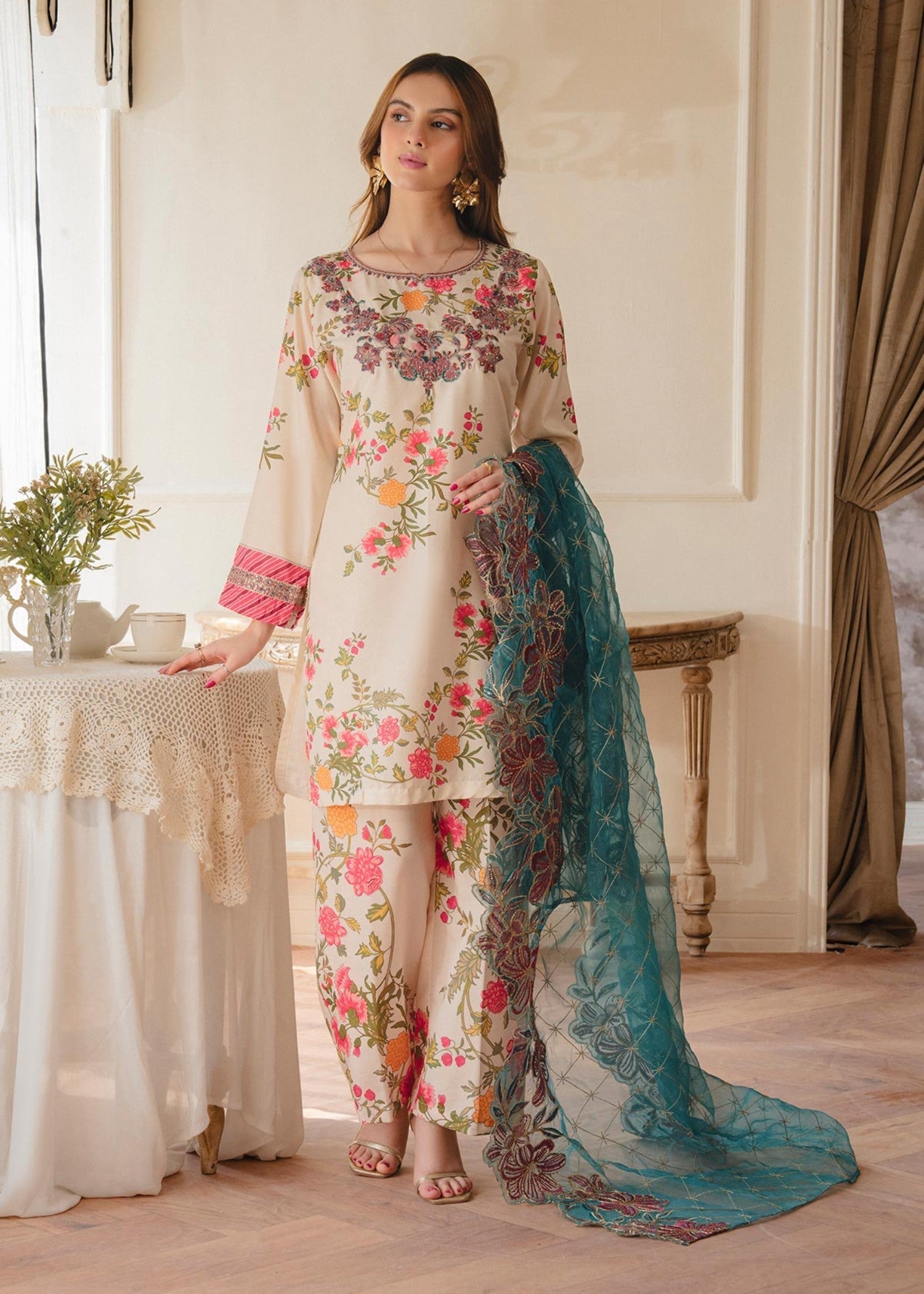 poly lawn Kurta Set in Teal, red, off-white