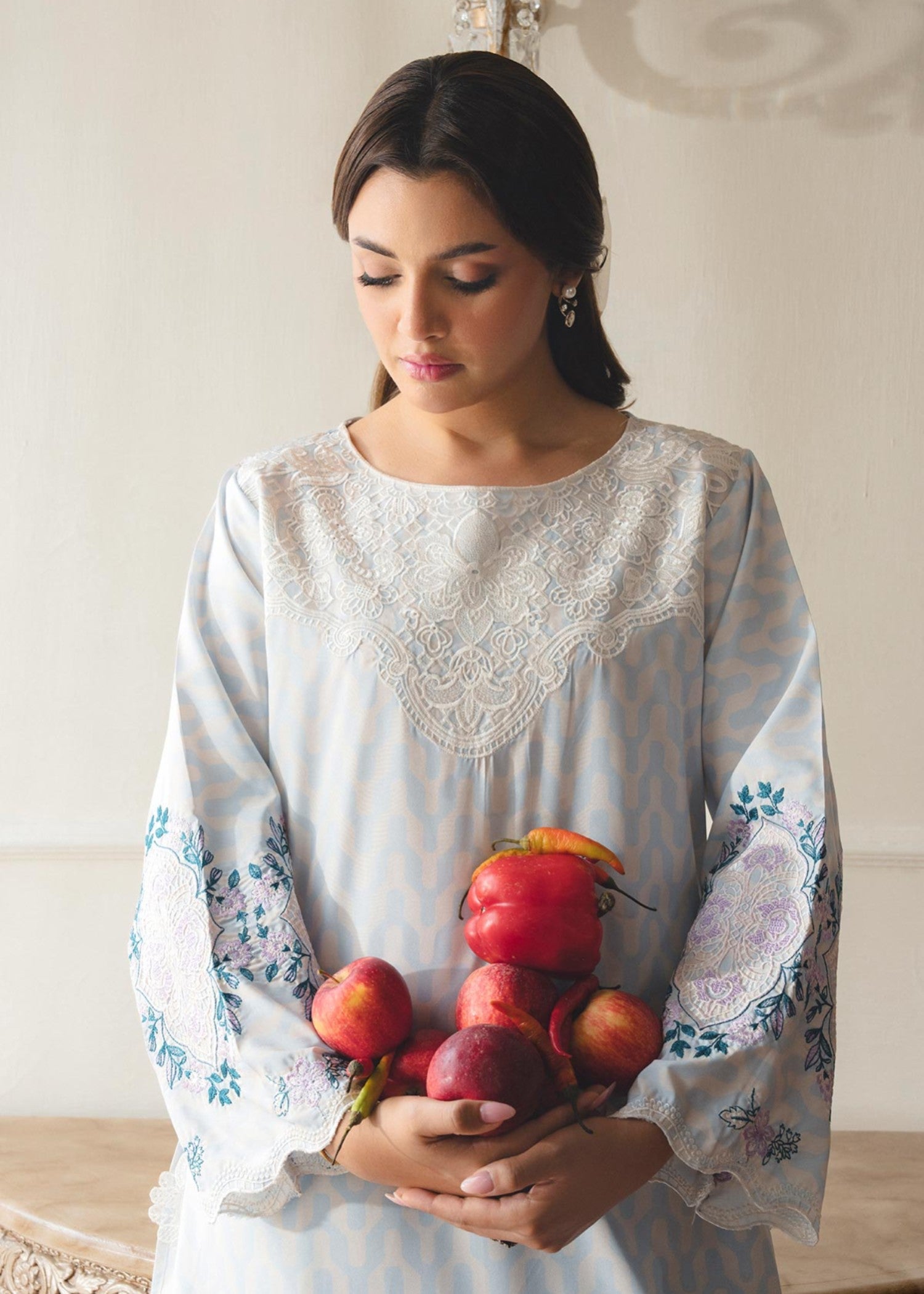 crepe Kurta Set in Powder blue, pastel pink