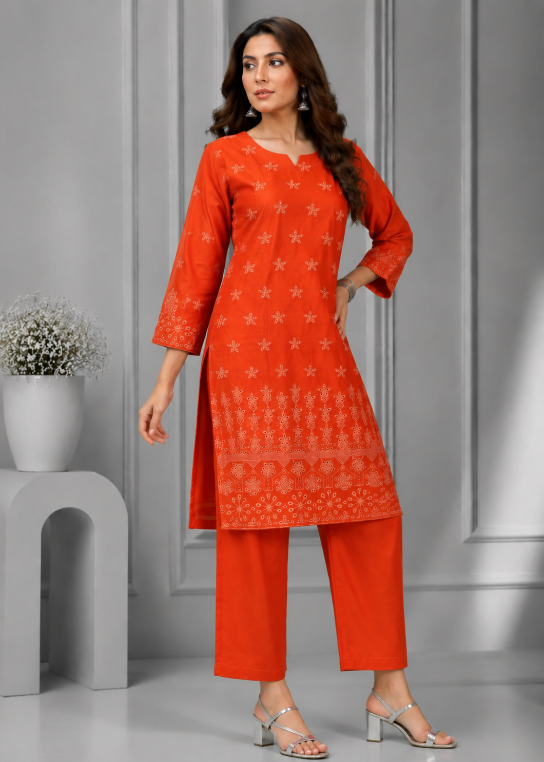 chikankari cotton Kurta Set in Coral orange