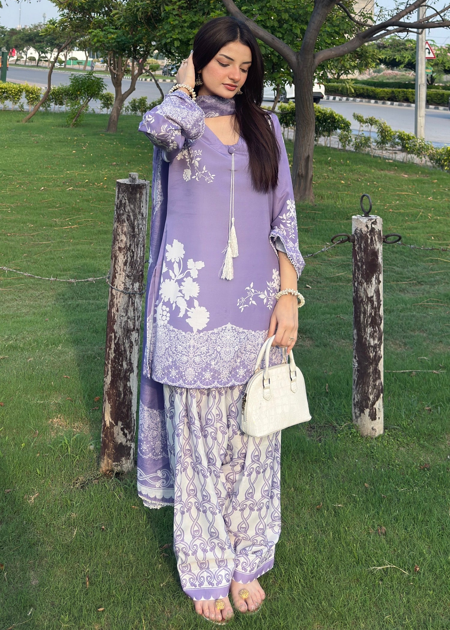 silk finish lawn Kurta Set in Lilac