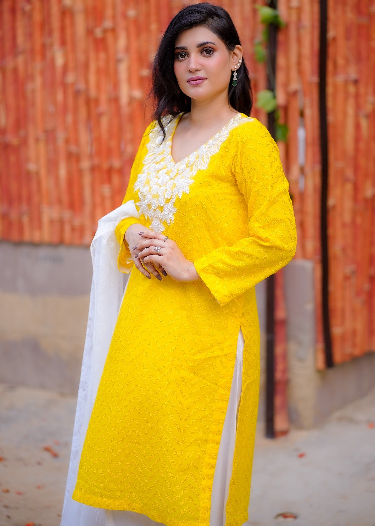 chikankari cotton Kurta Set in Lemon